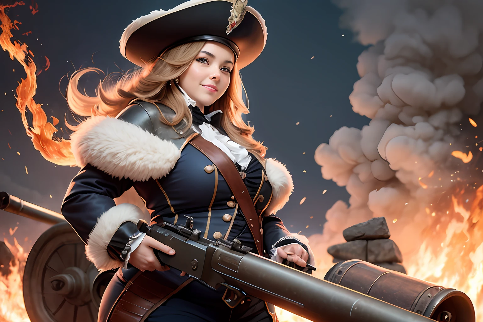 dynamic scene. 1600s. France. ruined stone fortress. Funny plump Musketeer - Loading a big cannon - a gun on wheels, and aiming a gun at a target, a sly squint with a smile on his face. Medium portrait in feathered hat and uniform with accessories, professional photography, still from Disney movie, blurred fantasy background, lots of smoke and fire, sparks, 64K --auto --s2