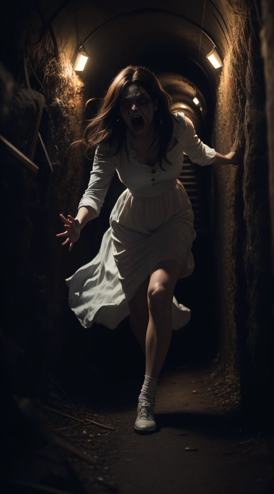 horror art, dread, Best quality, masterpiece, ultra high res, (photorealistic:1.4), Action shot of terrifying ghost chasing after the viewer, dynamic running, in a decrepit underground tunnel in Hell, creepy, white dress, unnerving, unsettling, terrifying, 80mm, horror lighting, dynamic action