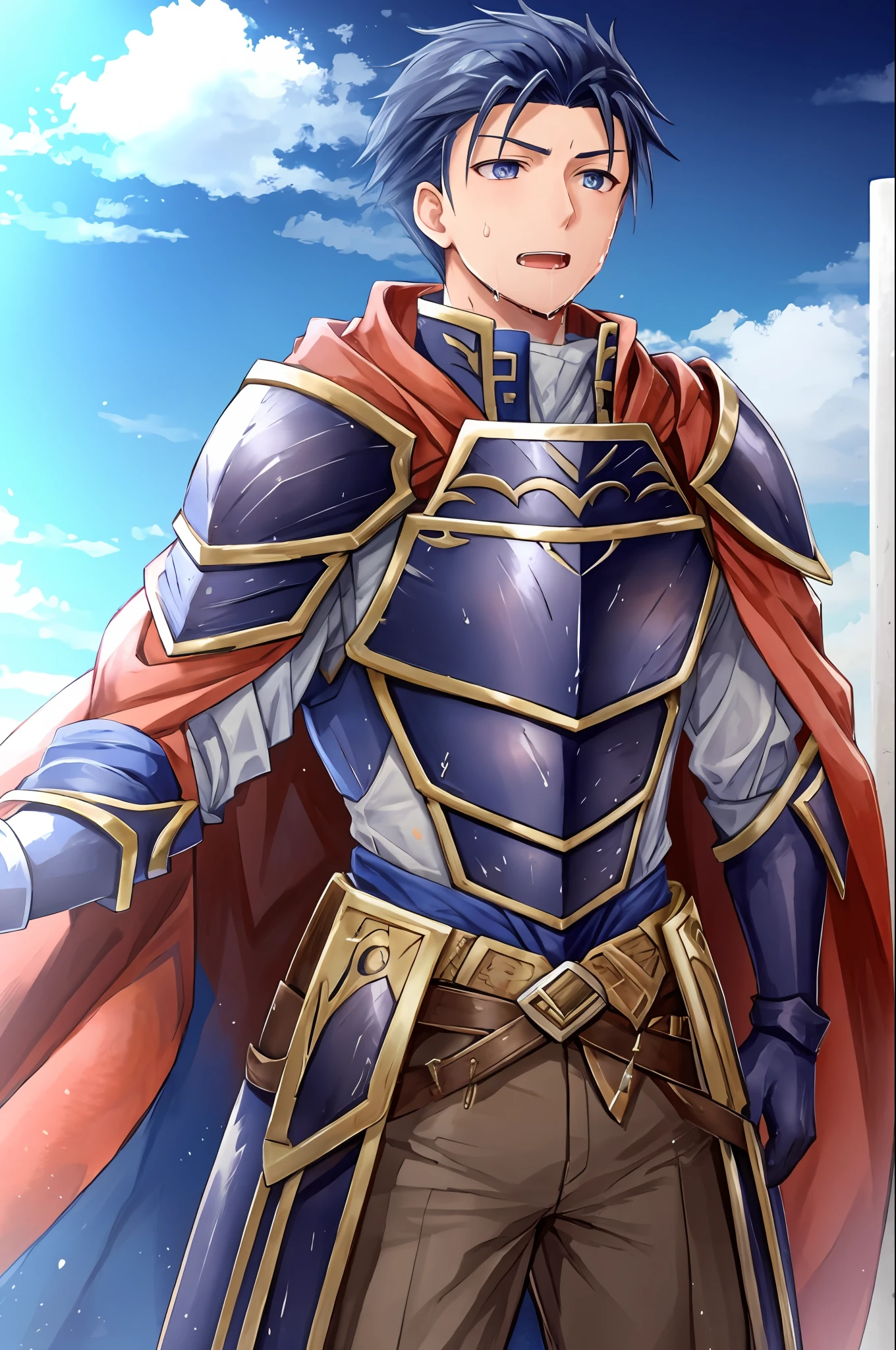 Hector Fey, Ultra High Quality CG, Solo, Looking at the Audience, Open Mouth, Sweaty, Wet, Wet, Drooling, Gloves, 1boy, Upper Body, Male Focus, Sky, Clouds, Cloak, Armor