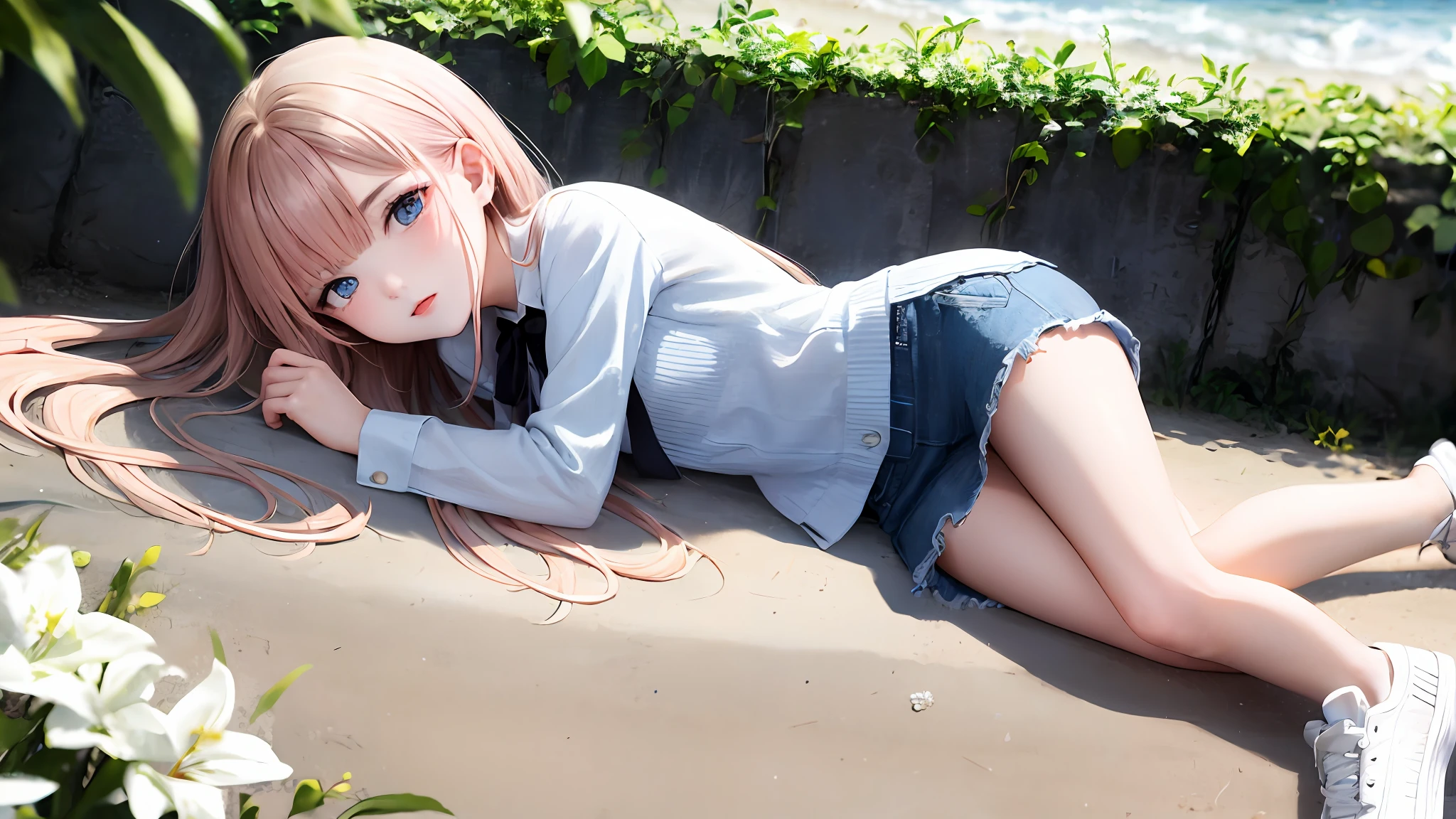 1girl, (masterpiece:1.1), (best quality:1.1), (white blouse:1.1), BREAK [blue:pink:0.5] theme, cowboy shot, full body, sideways view, looking at the audience, break pink hair, long hair, delicate facial features, blue eyes, white flowers on the head, white blouse, black miniskirt, white sneakers, lying on your side, beach, selling cute