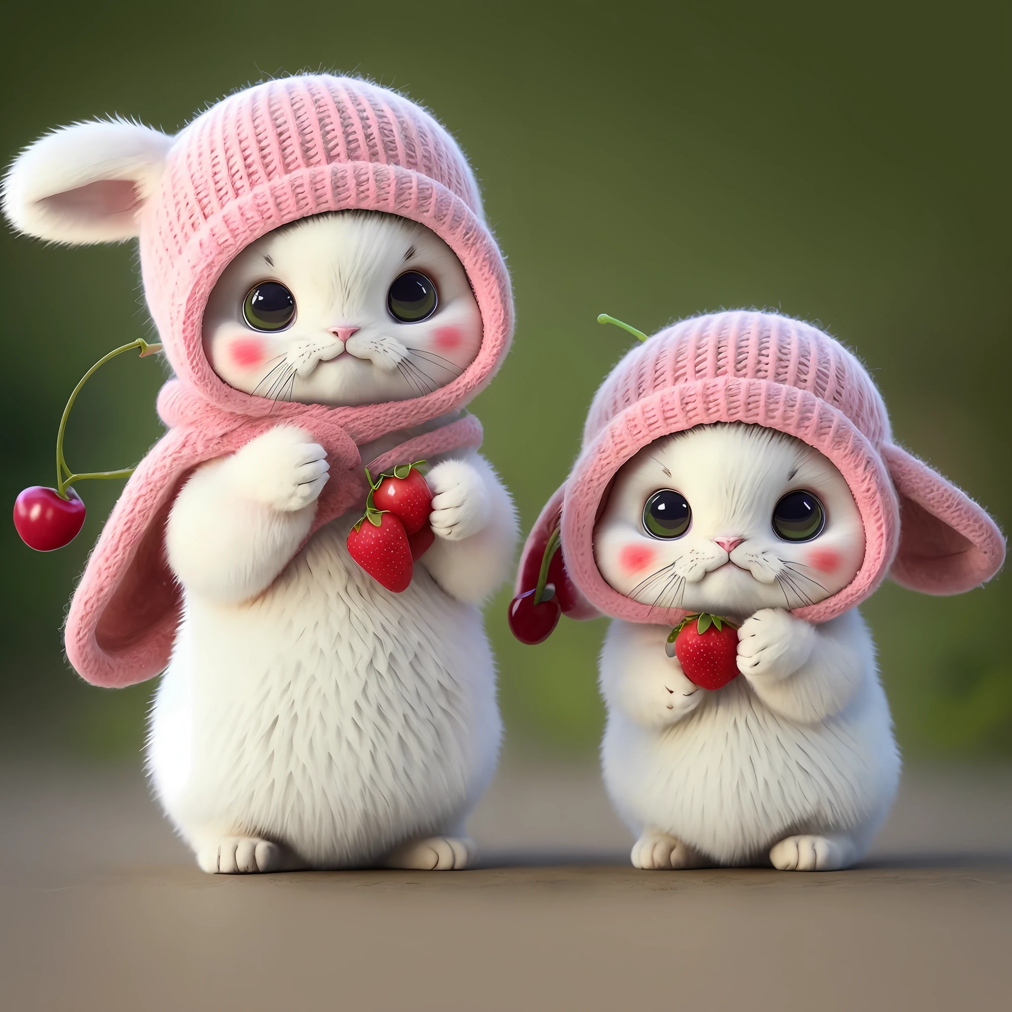 : 3。 Cats, realistic, furry animals, apples, dark circles, blush, cherries, food, fruits, full body, hats, non-humans, strawberries, tomatoes, watermelons