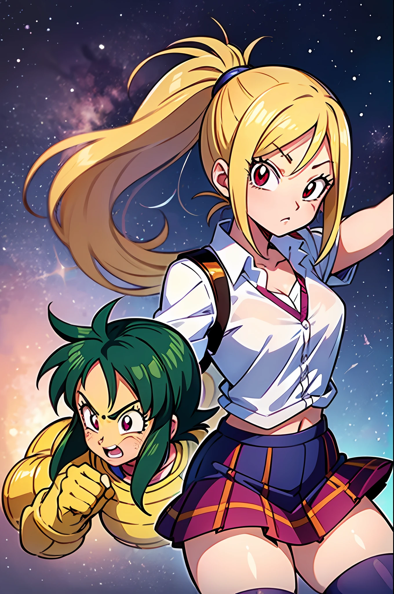 curious face, schoolgirl attire, white blouse with yellow jacket, green striped tie, red plaid skirt, red eyes and red hair in a twin ponytail, (style of dragon ball z and fairy tail anime), (illustrated by Akira Toriyama and Atsushi Ohkubo), (style mixing), Lucy Heartfilia, Bulma