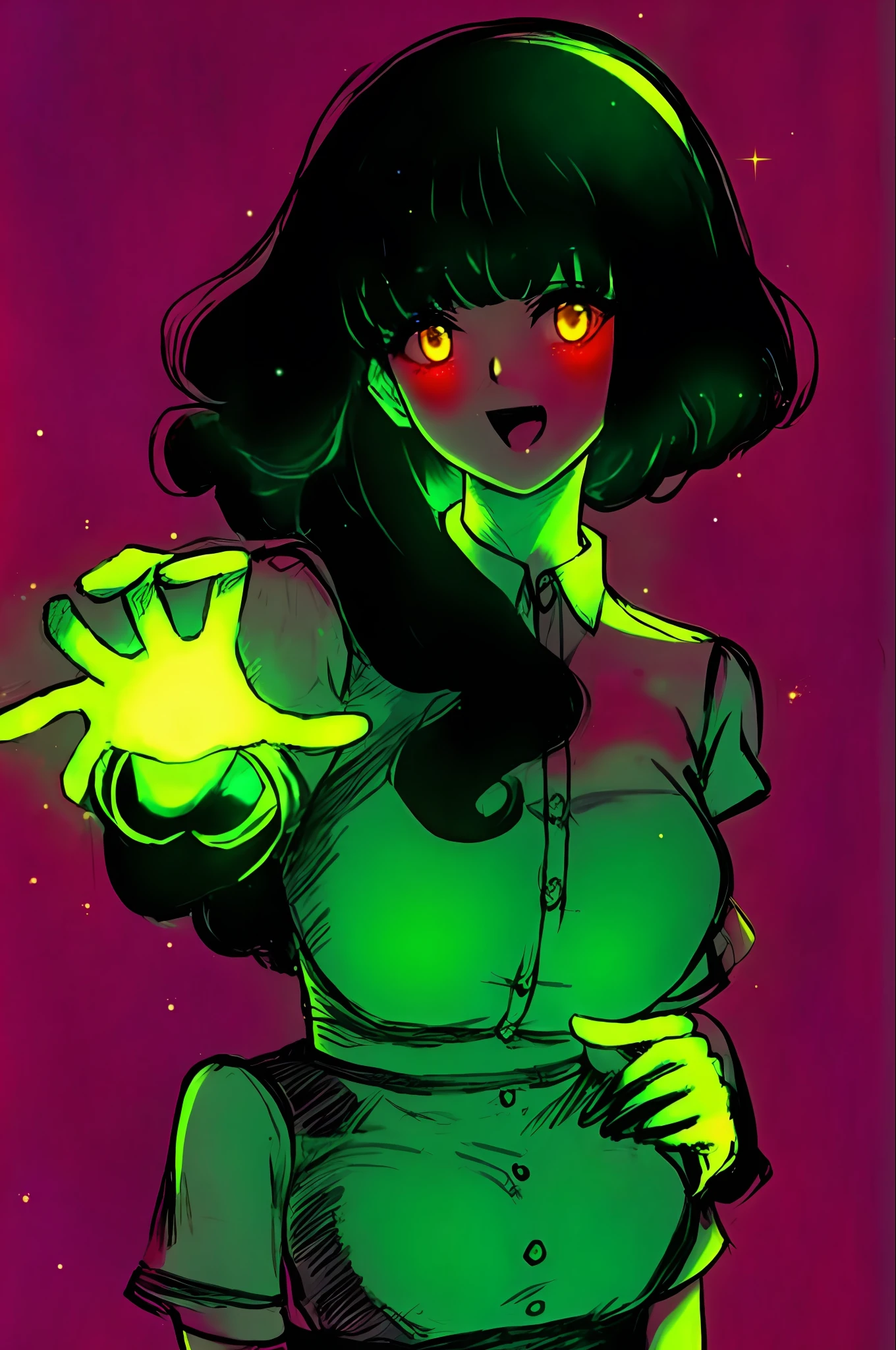 (glowart:1.0), (glowing, sketch, drawing:1.0),
, bangs, green sleeves, black hair, , breasts, dress, gloves, red background, hand up, looking at viewer, open mouth, curly hair, short sleeves, sidelocks, smile, solo, sparkle, two-tone dress, white dress, no gloves, yellow headwear, white eyes