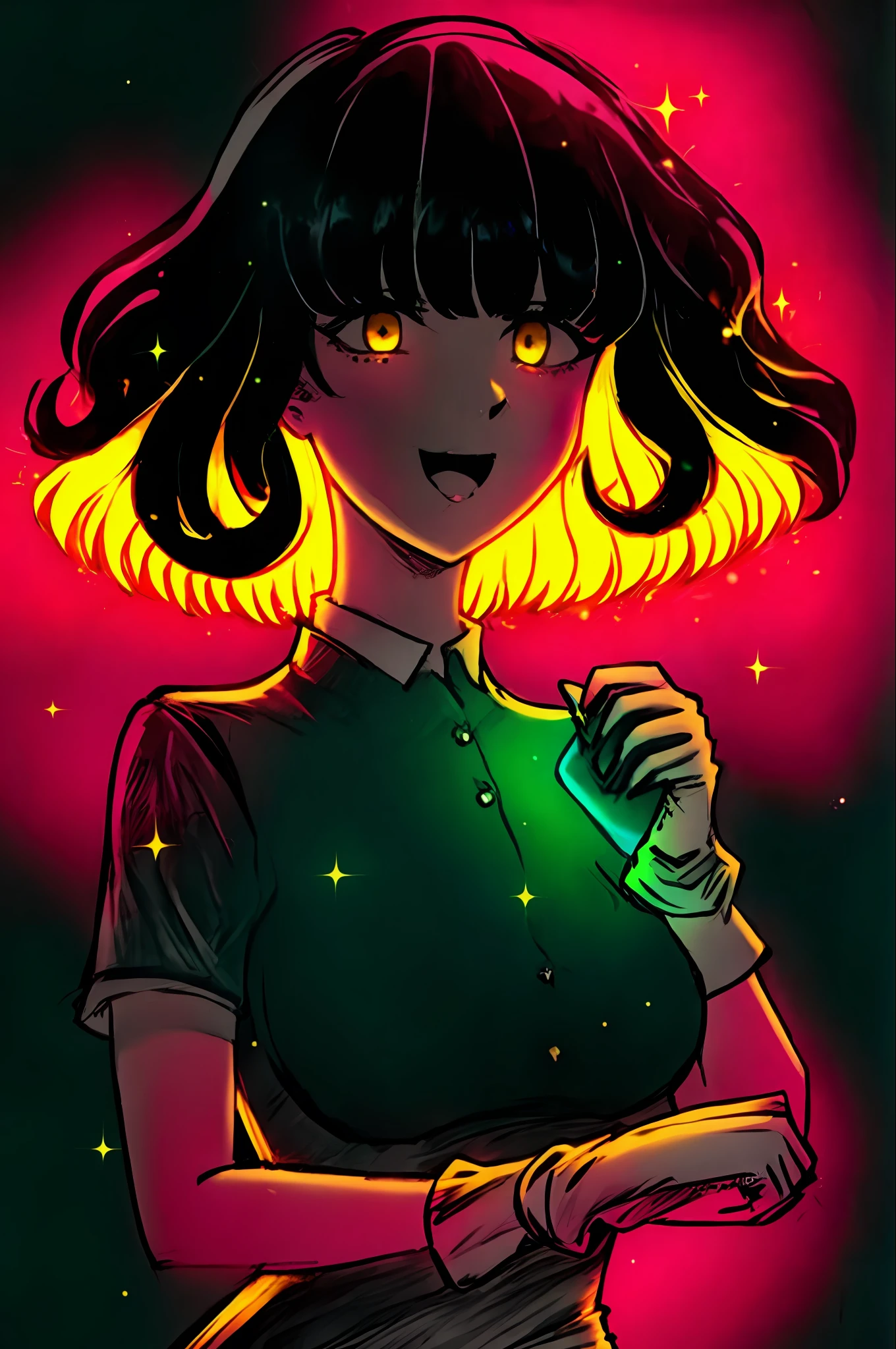 (glowart:1.0), (glowing, sketch, drawing:1.0), 


 , bangs, green sleeves, black hair, , breasts, dress, gloves, red background, hand up, looking at viewer, open mouth, curly hair, short sleeves, sidelocks, smile, solo, sparkle, two-tone dress, white dress, no gloves, yellow headwear, white eyes