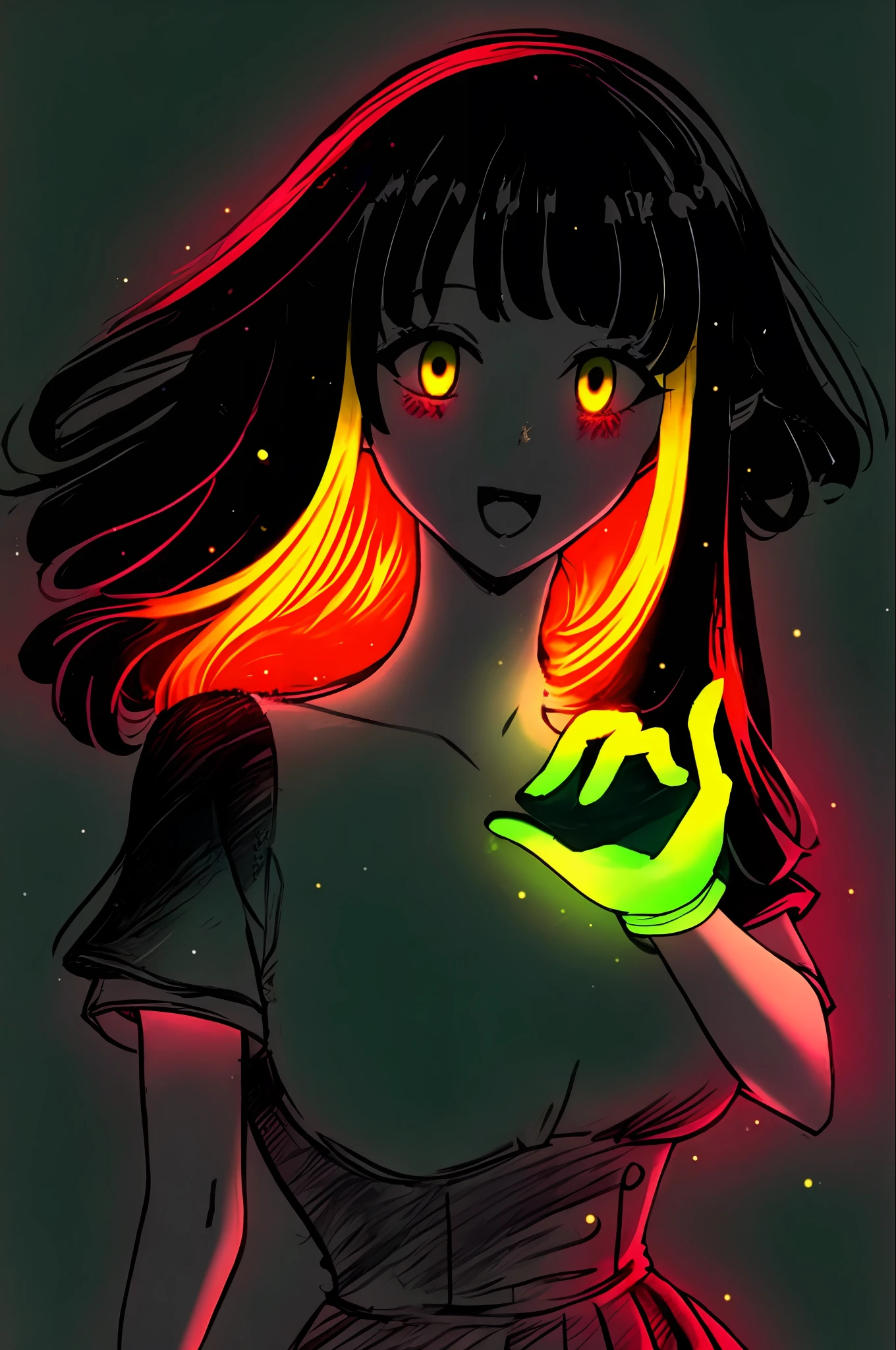 (glowart:1.0), (glowing, sketch, drawing:1.0), 


 , bangs, green sleeves, black hair, , breasts, dress, gloves, red background, hand up, looking at viewer, open mouth, curly hair, short sleeves, sidelocks, smile, solo, sparkle, two-tone dress, white dress, no gloves, yellow headwear, white eyes