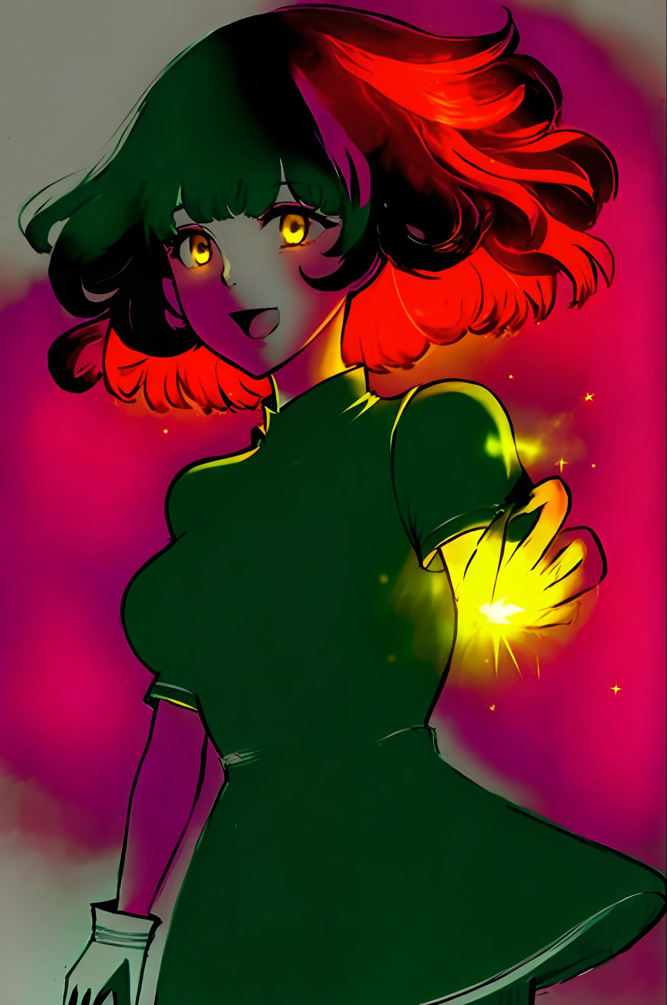 (glowart:1.0), (glowing, sketch, drawing:1.0),
, bangs, green sleeves, black hair, , breasts, dress, gloves, red background, hand up, looking at viewer, open mouth, curly hair, short sleeves, sidelocks, smile, solo, sparkle, two-tone dress, white dress, no gloves, yellow headwear, white eyes
