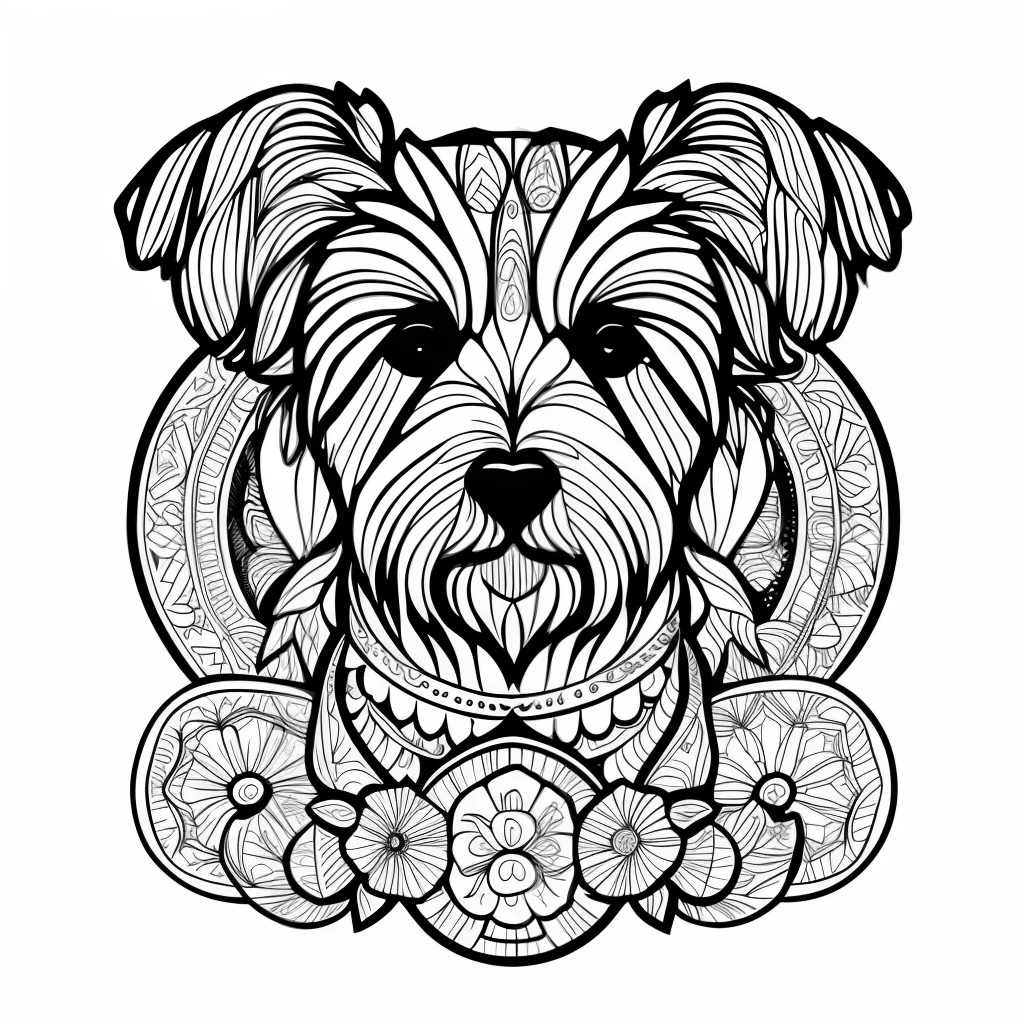 monochrome, coloring page for adults, vectorization, mandala, image of dog (Poodle), white background, clean line art, fine line art