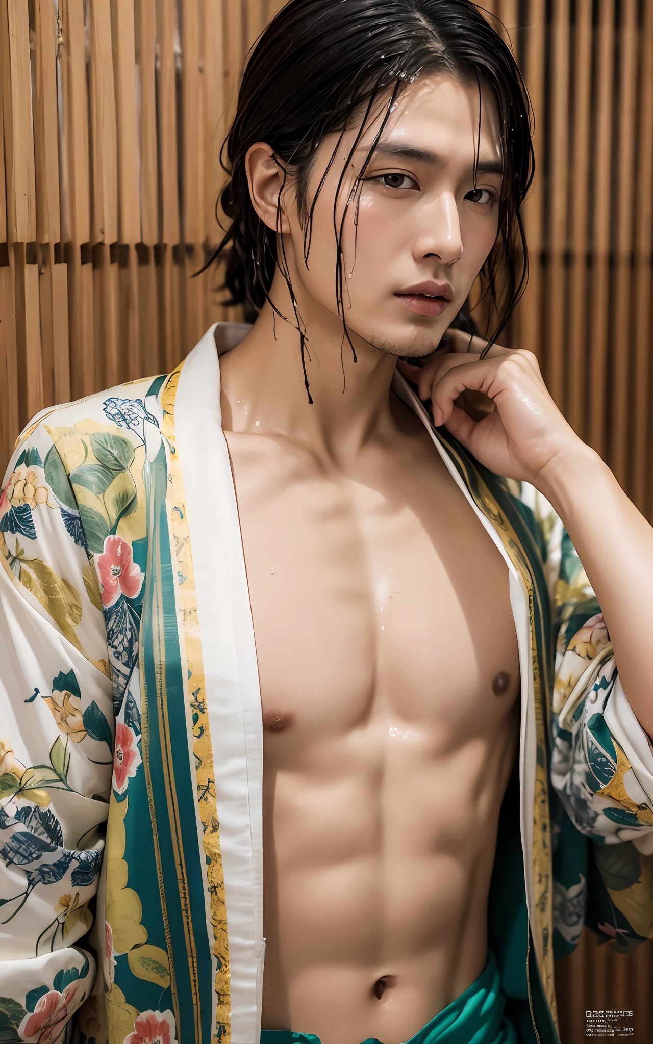 (Photorealistic: 1.2, top quality, 8k, wet: 1.3), (man, hands on chest), man is 20 years old black-haired Ukrainian, Soji Okita, actor, kimono, (sweat: 1.2, wet: 1.2), fine skin, (film lighting, arm hair, beard), tan, soft light, double eyelids, (seductive), (((excited))