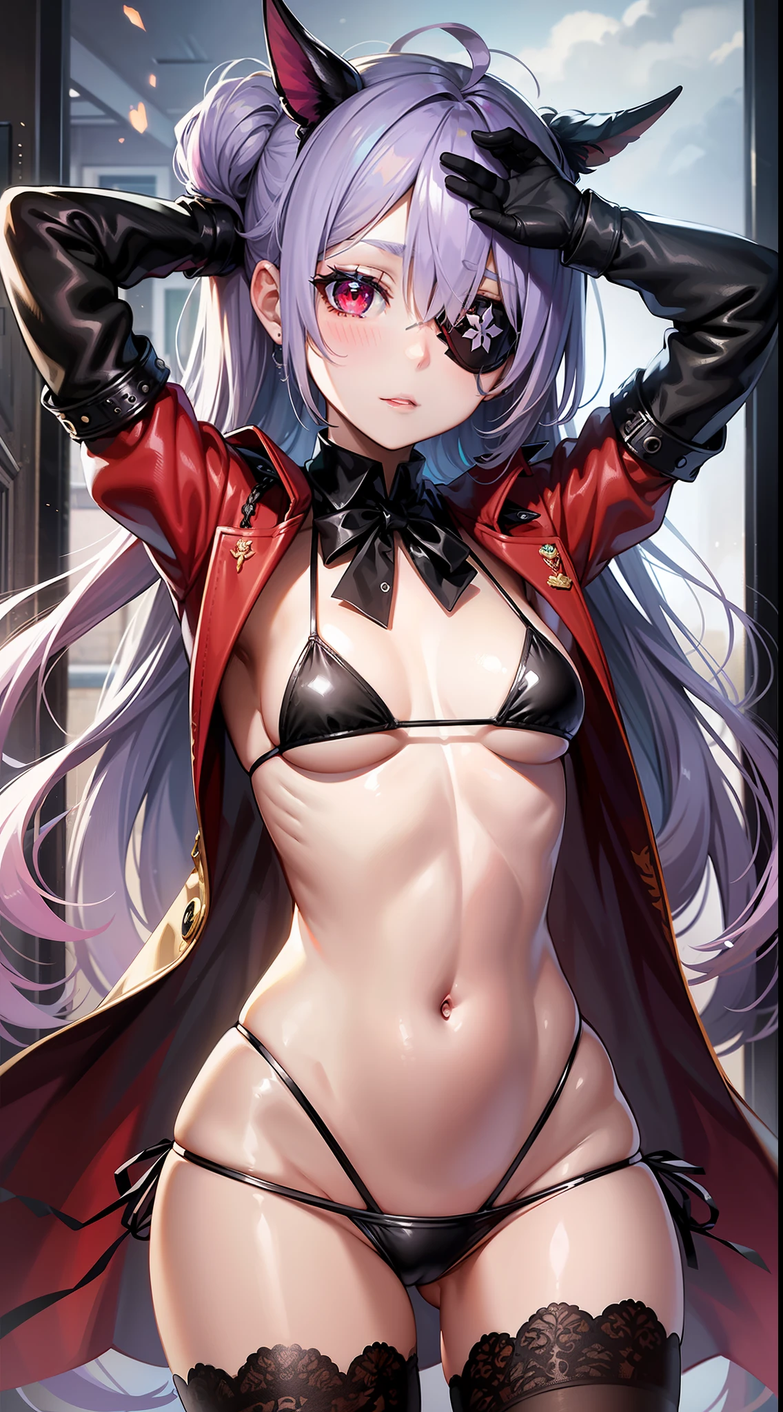 Top Quality, Ultra High Quality, 8K, Super Beautiful, 1girl, Unicorn Color, Eye Patch on Left Eye, Detailed Pupil, ((Flat Chest)), Too Very Micro Bikini, Goth Loli, Annuit, Red Eyes,