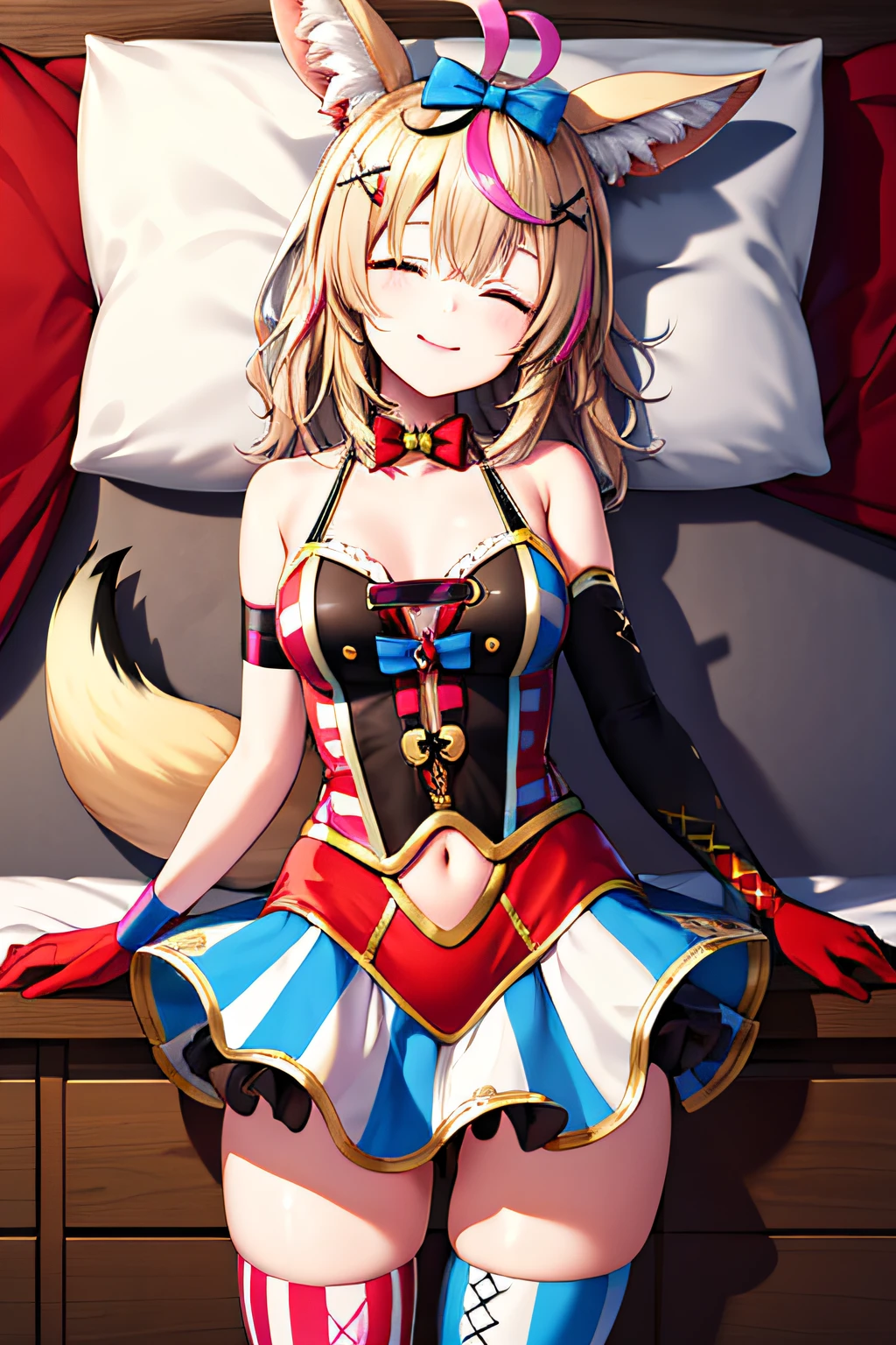 Masterpiece, Best Quality, High Definition, OP1, Animal Ears, Hair Clip, Striped Hair, Hair Bow, Clown Hat, Fox Tail, Thighs, Navel Clippings, Mismatched Legwear, Elbow Gloves, Red Gloves, Bare Shoulders, Vertical Stripes, Skirt, Cowboy Shot, Standing, Smiling, Bed, Sleeping