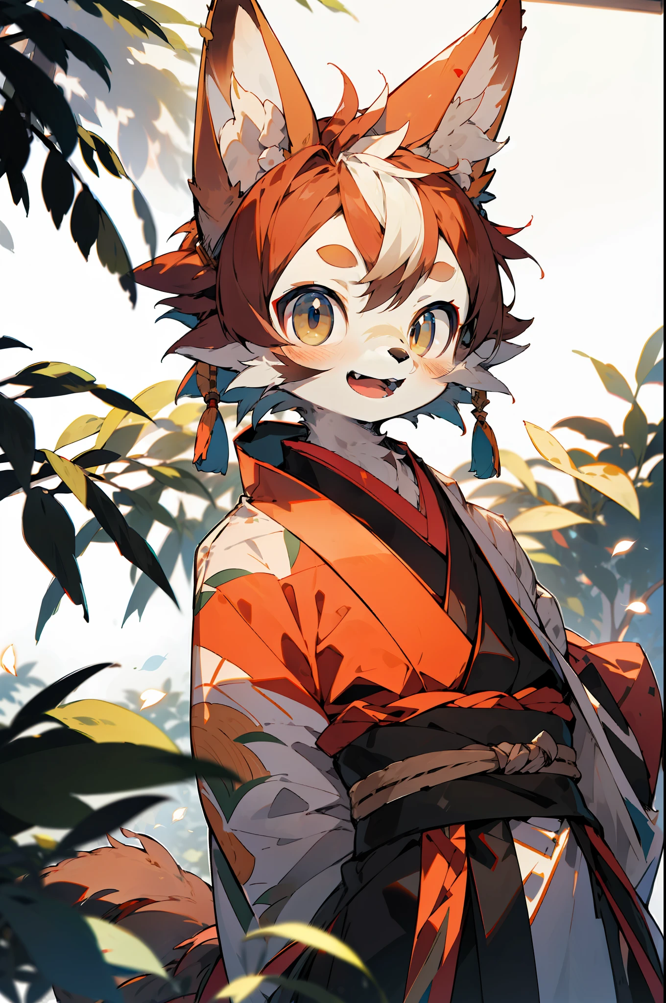 depth of field, perfect lighting, light particles,(best quality),(masterpiece),(ultra detailed),sharp focus,light particles,  niji, eyesgod,  blush, brown_eyes, looking_at_viewer, smile, solo, furry, animal_ear_fluff, open_clothes, arms behind back, upper body, tail, kimono, japanese clothes, sunlight, tree, open mouth,  from below, arms behind back,