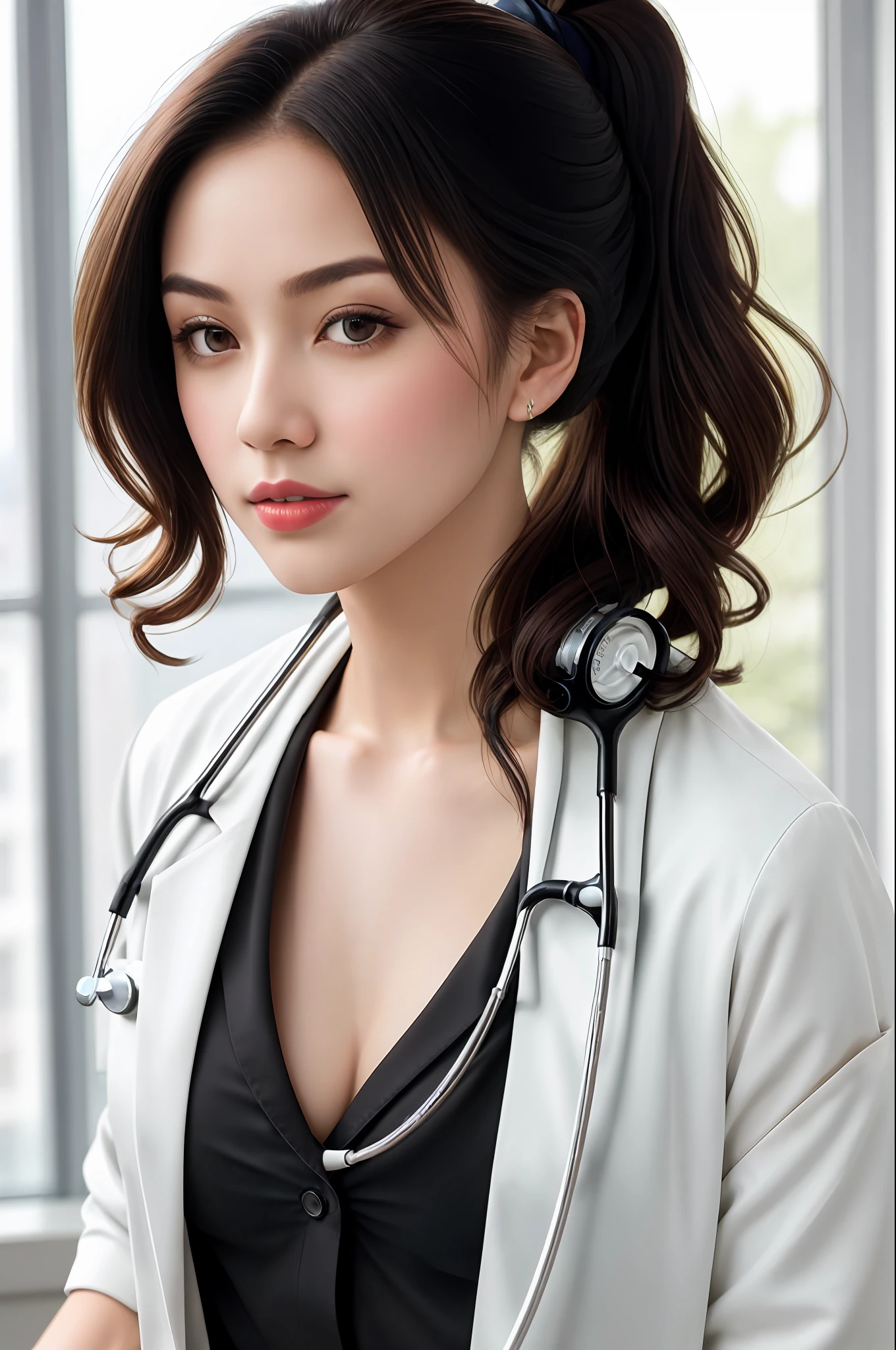 RAW, ultra detail hair, ultra detail skin, , (high detailed skin:1.2), 8k uhd, ultra hd, dslr, soft lighting, high quality, film grain, Fujifilm XT3 
(pov:1.3), from front,  (head to waist shot:1.0), a portrait photo of 22 y.o woman in (doctor coat:1.2), (white blouse:1.2), (wavy short pony tail black hair :1.2), pale skin, slim body, large boob, (Stethoscope on her neck:1.1),
background pure sky ,in hospital, lab room