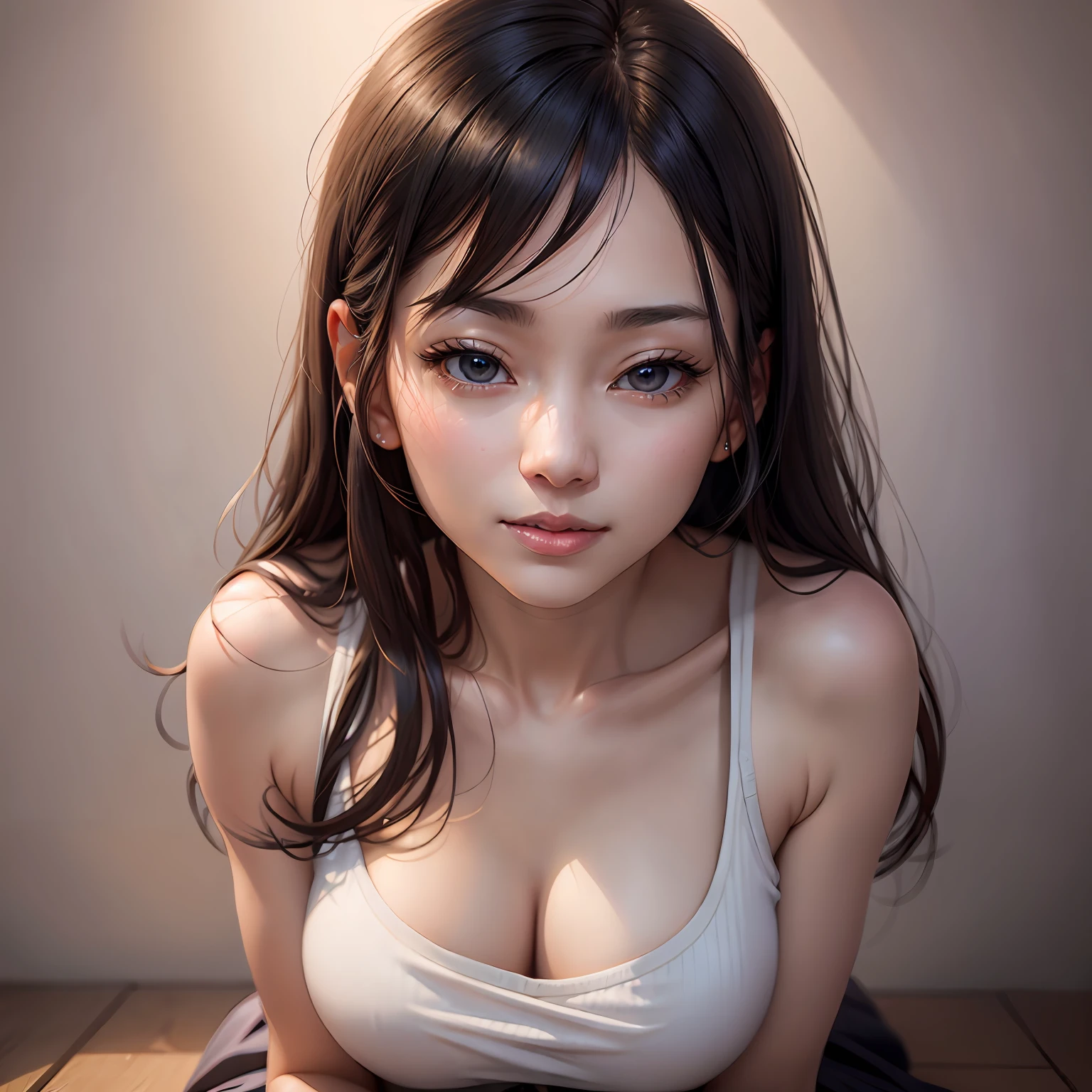 anime girl, detailed, beautiful eyes, beautiful body, black hair and blue tips, 4k, big hair, just with a white shirt, she is in the room on top lying on the bed, detailed skin, artwork, no bra, camera shows the whole body --auto