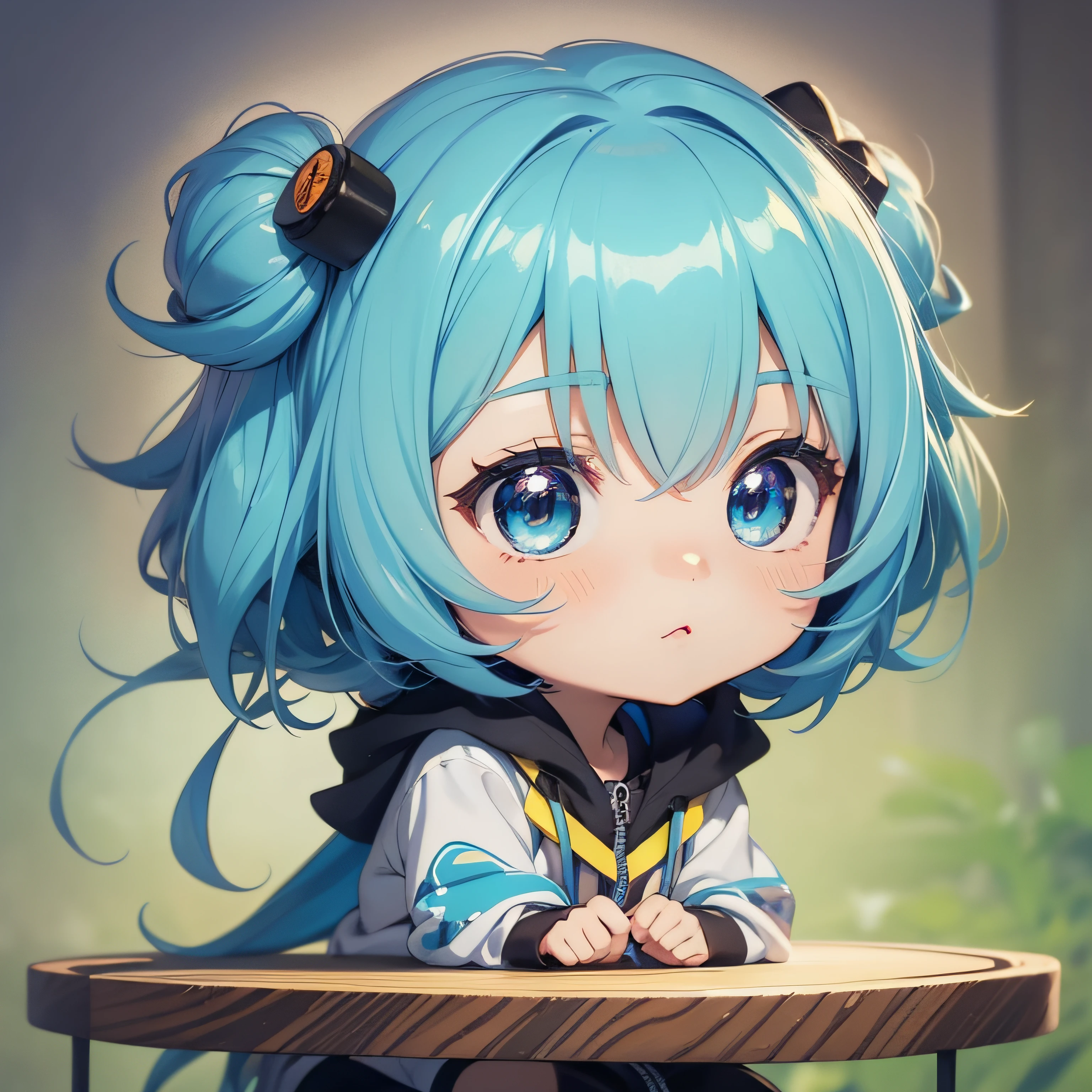 Blue haired anime character, anime moe art style sitting on table, chibi art, anime art style, cute art style, chibi anime girl, anime art style, anime style 4K, anime style portrait, anime style illustration, advanced digital chibi art, marine kitagawa fan art, IG studio anime style, Little curvaceous , anime chibi, turquoise hair