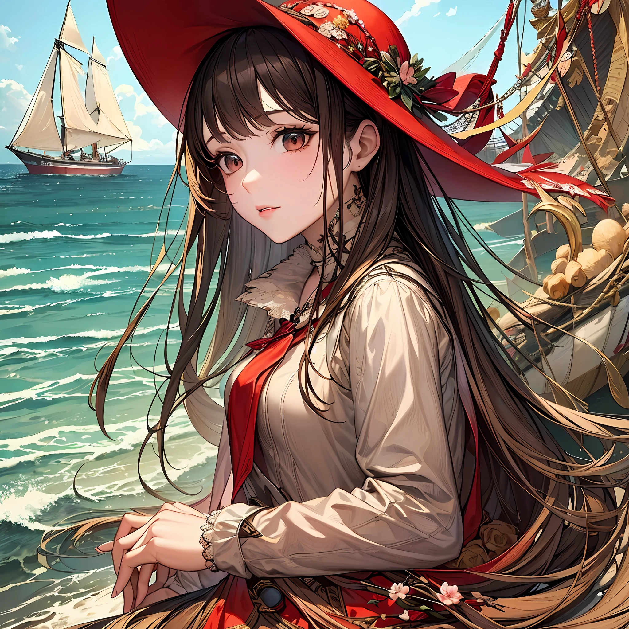 (masterpiece, ultra-quality, ultra-detailed), landscape, young girl, Assol, Scarlet sails, girl looking from the shore to the sea, camera looking at the sea, intricate details, sailboat with scarlet sails, scene from Alexander Green's novel "Scarlet Sails"