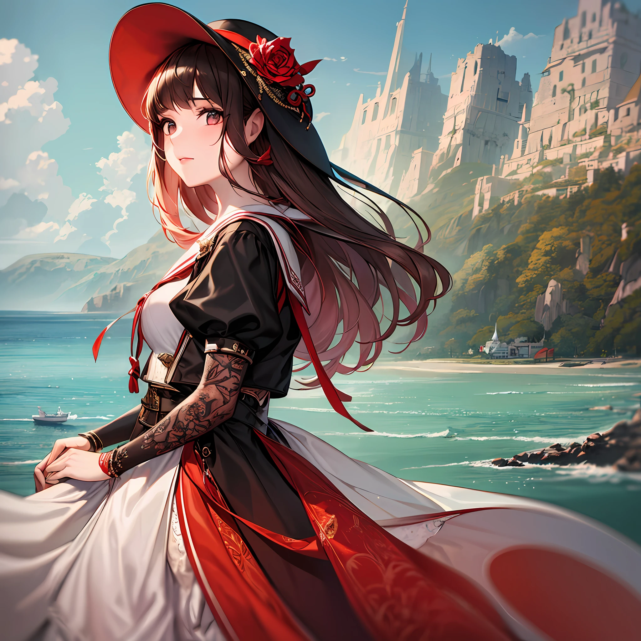 (masterpiece, ultra-quality, ultra-detailed), landscape, young girl, Assol, Scarlet sails, girl looking from the shore to the sea, camera looking at the sea, intricate details, sailboat with scarlet sails, scene from Alexander Green's novel "Scarlet Sails"
