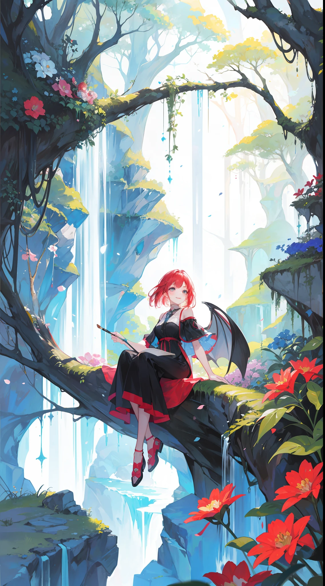 Draw a colorful red-haired girl completely immersed in her own fantasy painting. Step into the painting and find yourself in a magical world of vibrant colors and enchanting landscapes. Majestic floating islands, radiant flowers, and mythical creatures surround her. Watch as she uses her brush and palette to bring the scenery to life, with trees that whisper secrets and waterfalls that sing melodic tunes. She is lost in her own world of wonder and creativity, with eyes sparkling and a joyous smile on her face
