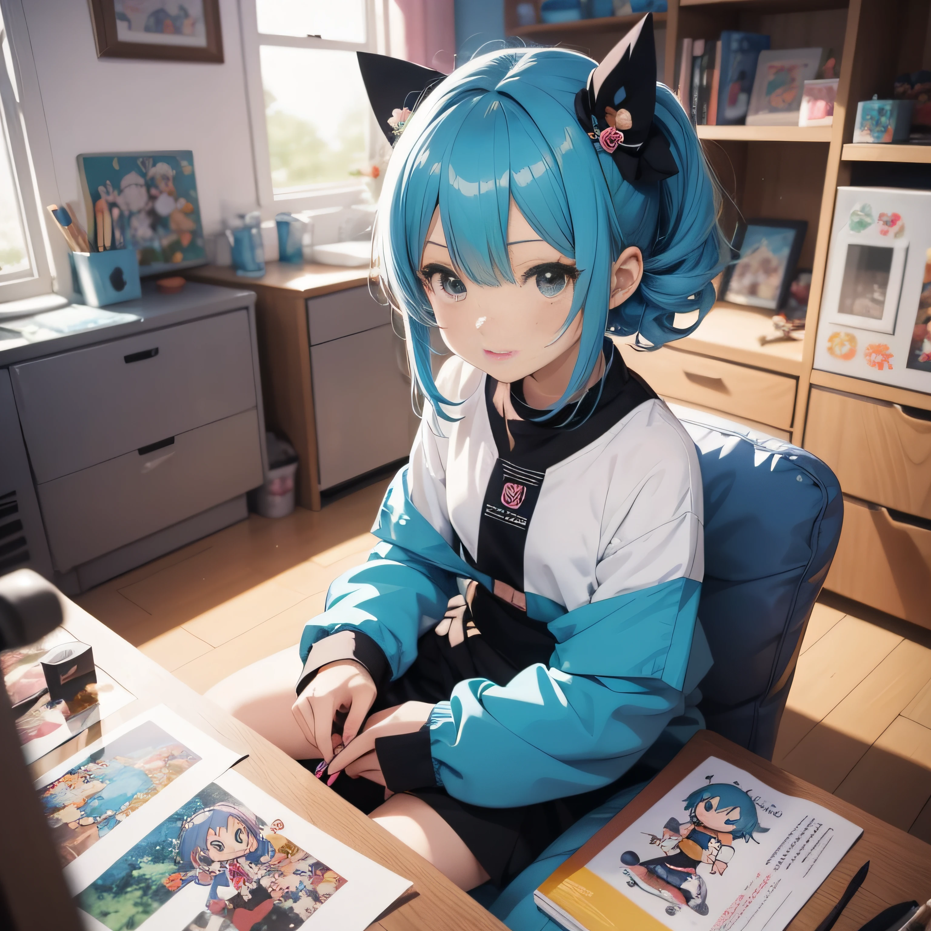 Blue haired anime character, anime moe art style sitting on table, chibi art, anime art style, cute art style, chibi anime girl, anime art style, anime style 4K, anime style portrait, anime style illustration, advanced digital chibi art, marine kitagawa fan art, IG studio anime style, Little curvaceous , anime chibi, turquoise hair