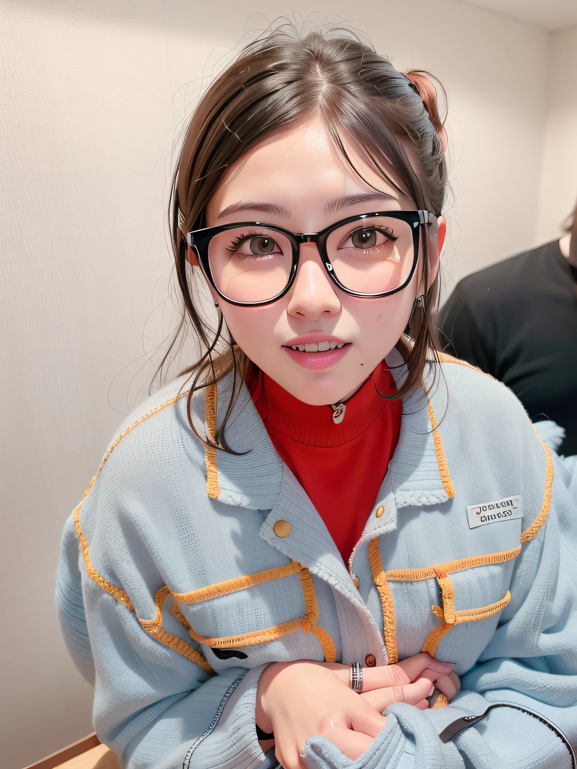 there is a woman wearing glasses and a red shirt, thick glasses, thick round spectacles, wearing thin large round glasses, with square glasses, wearing round glasses, thick - rimmed glasses, with glasses, wearing small round glasses, big round glasses, wearing black frame glasses, wearing square glasses, girl wearing round glasses, reluvy5213 --auto
