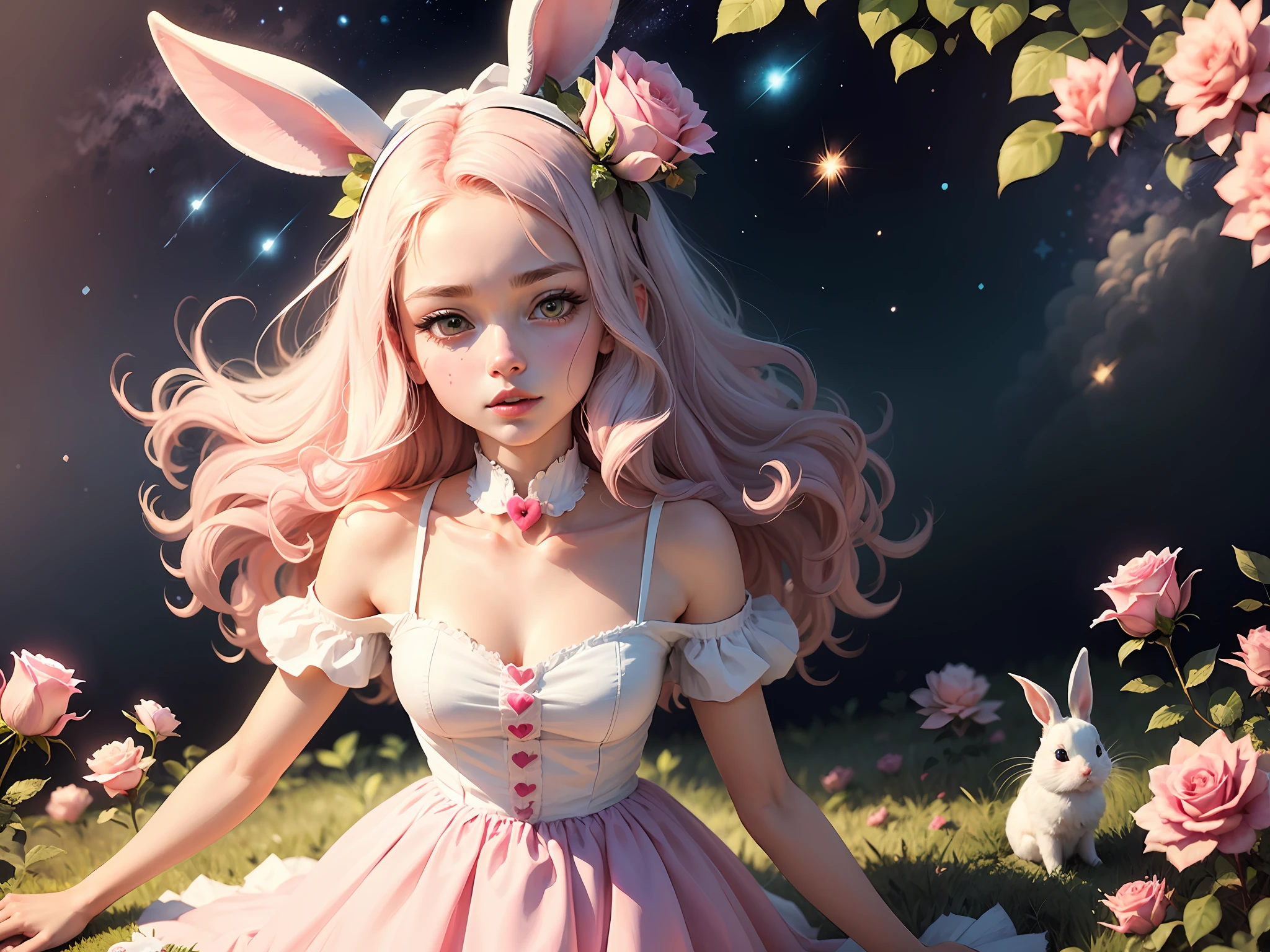 Cute little white rabbit in pink dress
with bow on head, face closeup, stars and heart
symbol, in the middle of grass, different color rose flowers background, watercolor, ink style,cartoon style --auto
