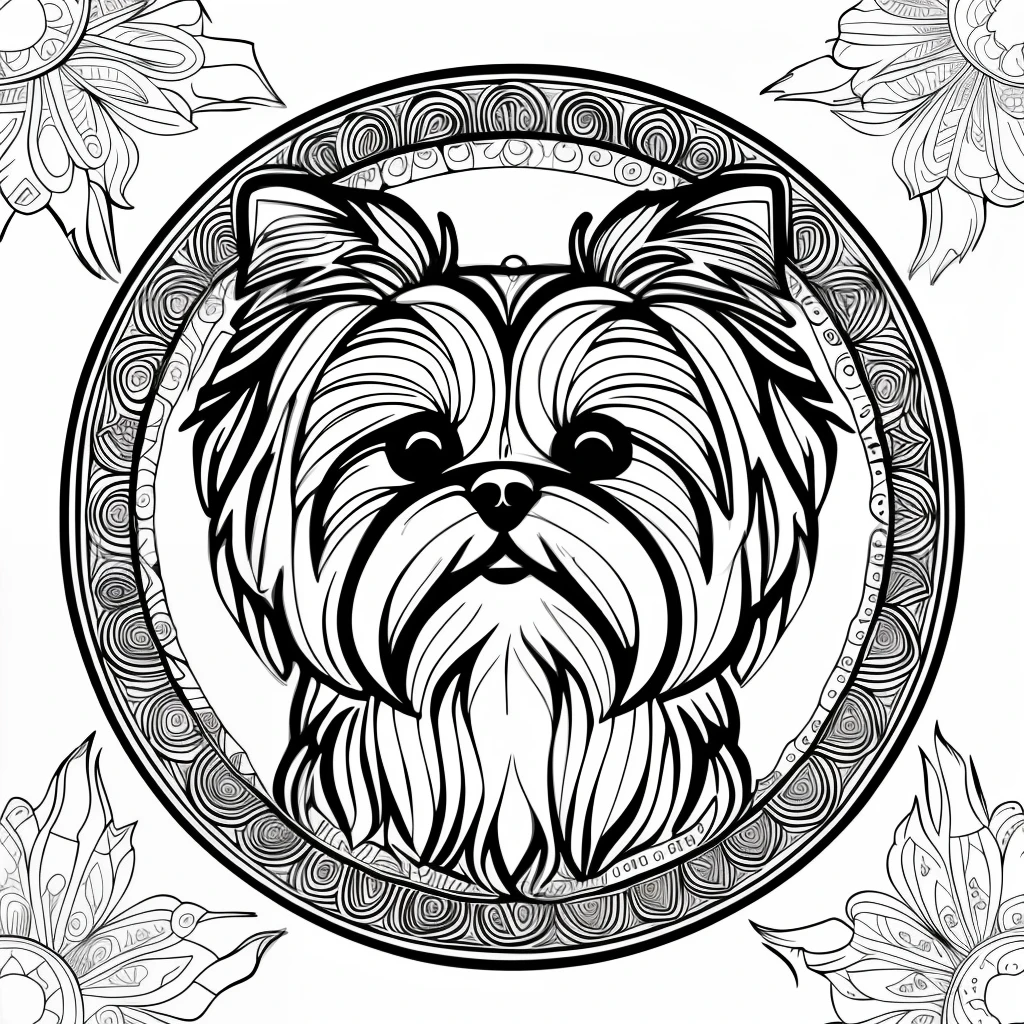 monochrome, adult coloring page, vectorization, mandala, dog image (Shih Tzu), white background, clean line art, fine line art