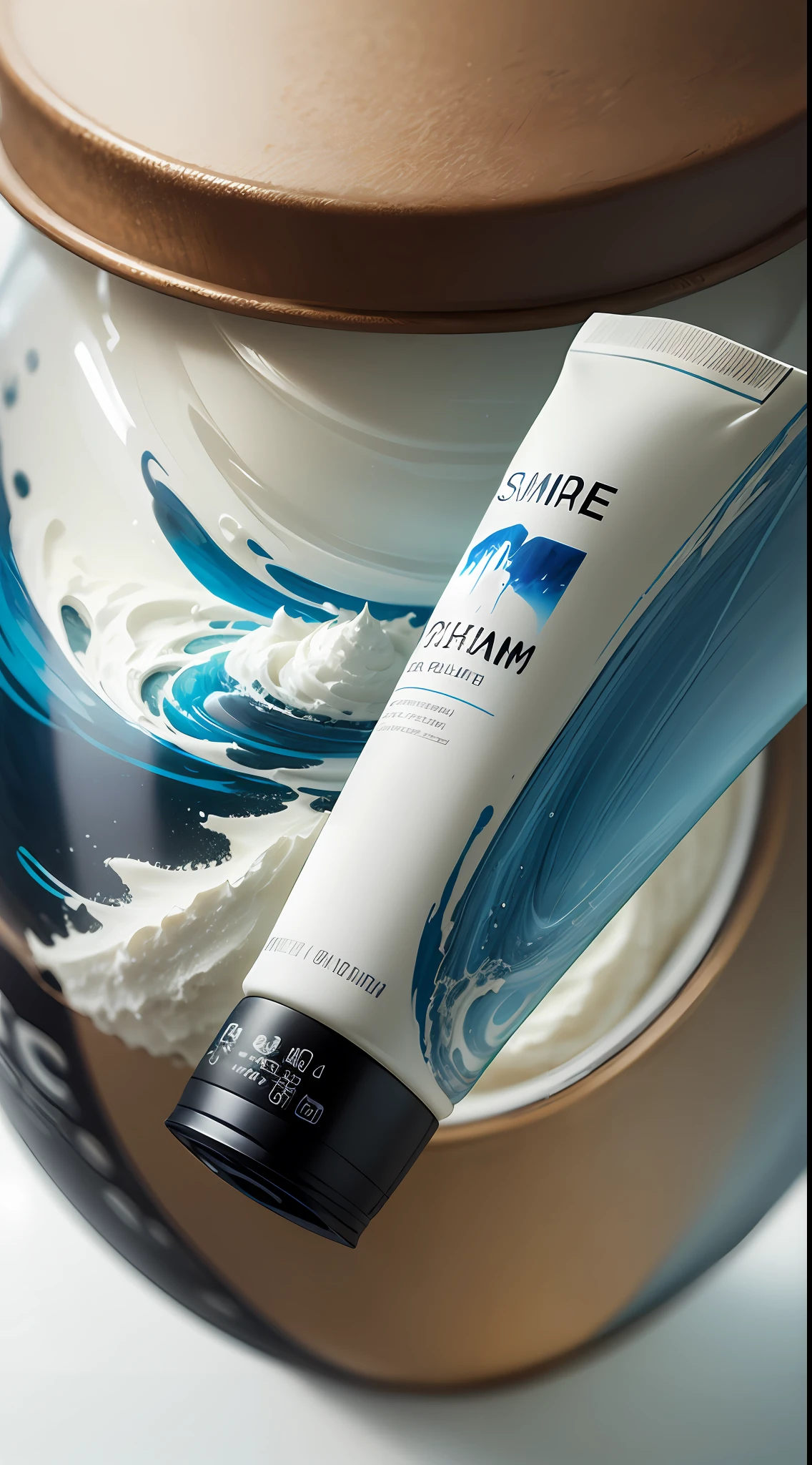 Cosmetics Simple" cover with a bottle of cream pictures from different angles, Chinese watercolor light sky blue and white style, fluid mix, surrealism, weathercore, installation oased, magewave --auto