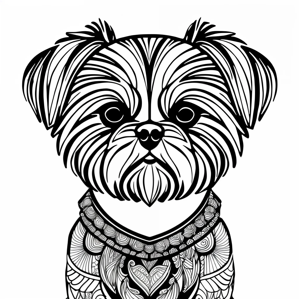 monochrome, adult coloring page, vectorization, mandala, dog image (Shih Tzu), white background, clean line art, fine line art