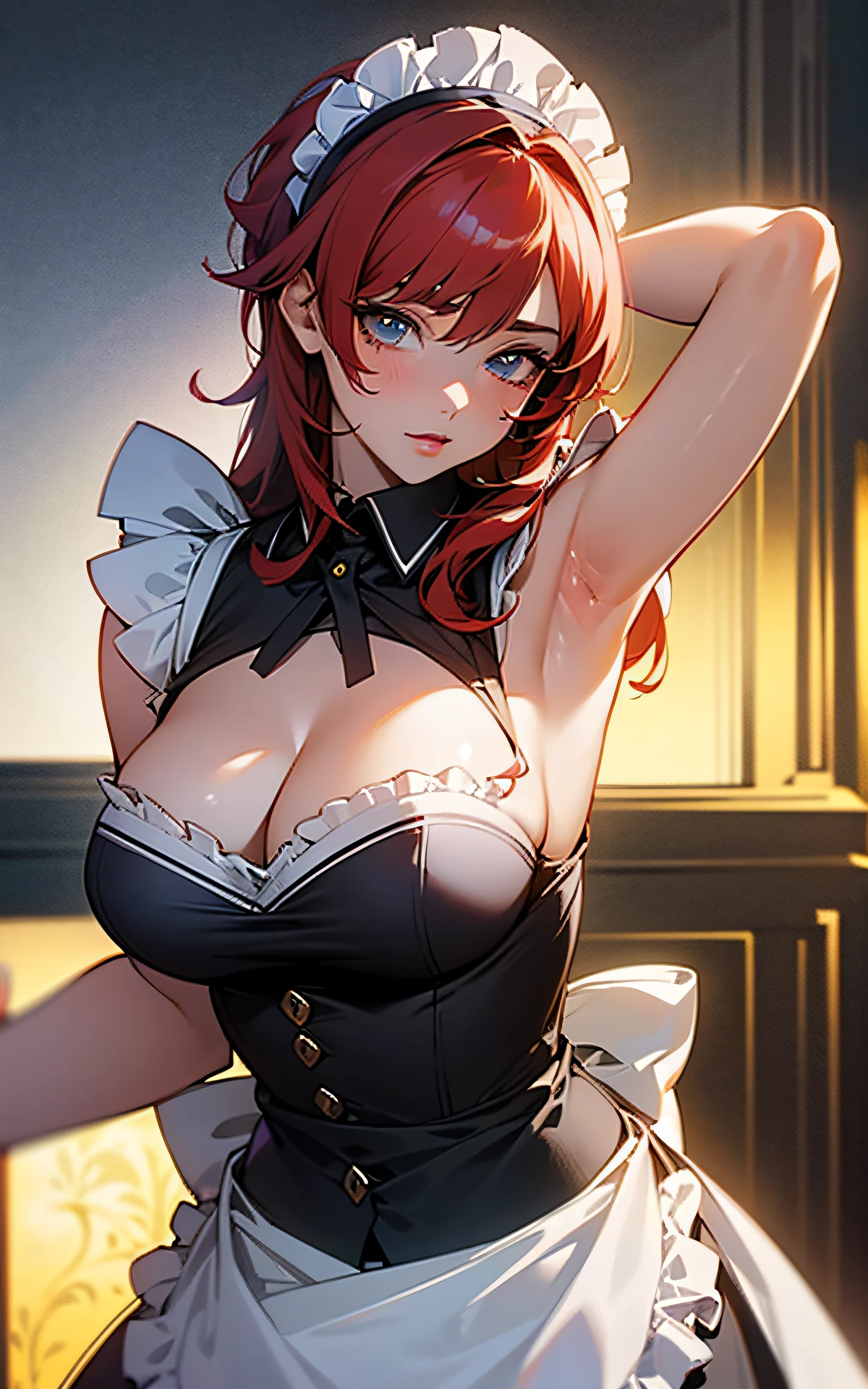 (Original Character、Unity 16K Wallpaper, Masterpiece, Best Quality, Ultra-Detailed, Extremely Detailed CG, Caustics, Cinematic Lighting, Detailed, Beautiful Detailed Eyes, solo,sexy women), Ultra High Resolution, fine skin, (maid, maid apron, maid headdress,black maid skirt), (strong light)、oily skin,curby:1.2,gigantic breasts,mansion、(cowboy shot、above chest),focus chest,armpits,red hair
