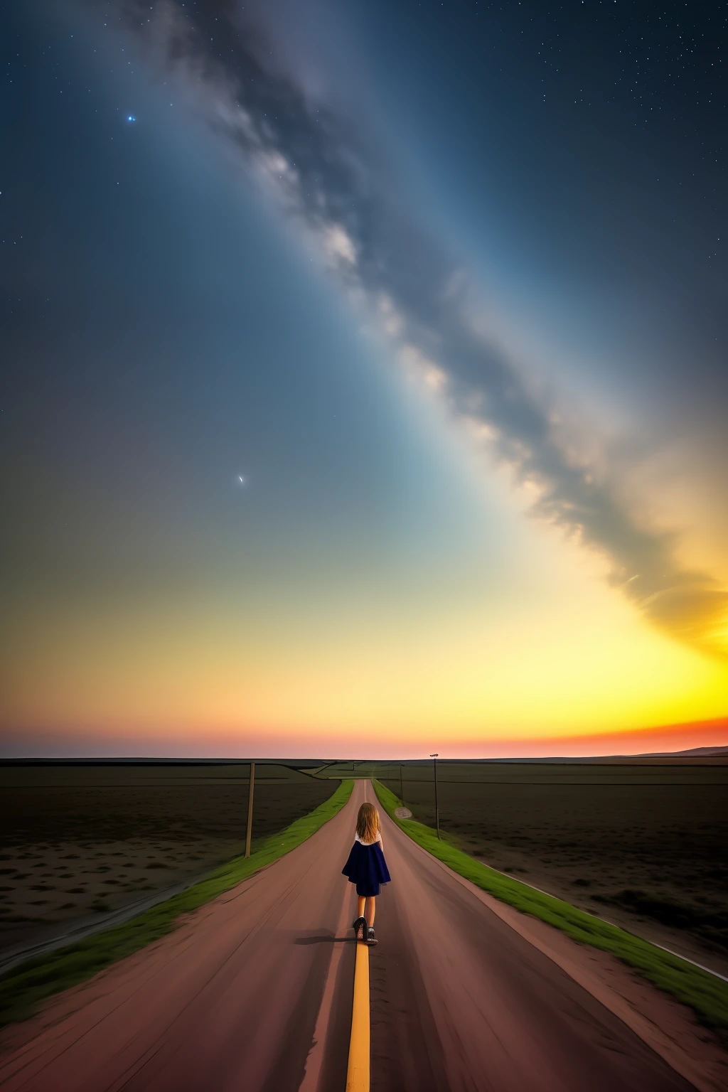 View from afar a 13-year-old girl on her back on a thin dirt road to find a tree at the end of this road, fantasy, colors, atmosphere of romance, starry sky, high definition, details, surreal, beautiful night