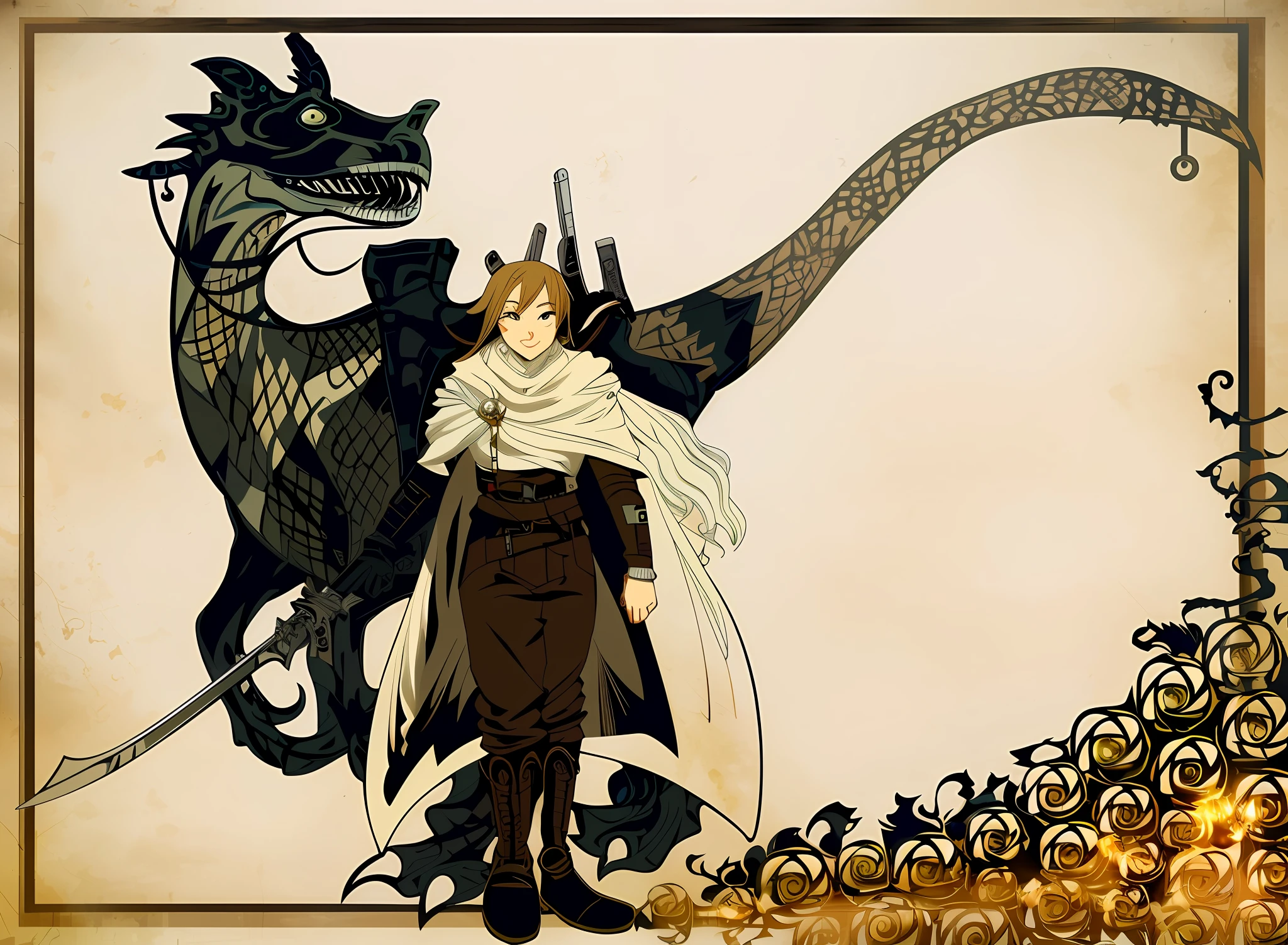 (masterpiece), (high quality 8k) There is a woman with a sword and a Velociraptor on a forest background, like a badass monster hunter, Image of Valkaria T20, inspired by Eris Grayrat (Mushuko Tensei), DND Fantsay Art, Coriolios RPG art style, realistic ART