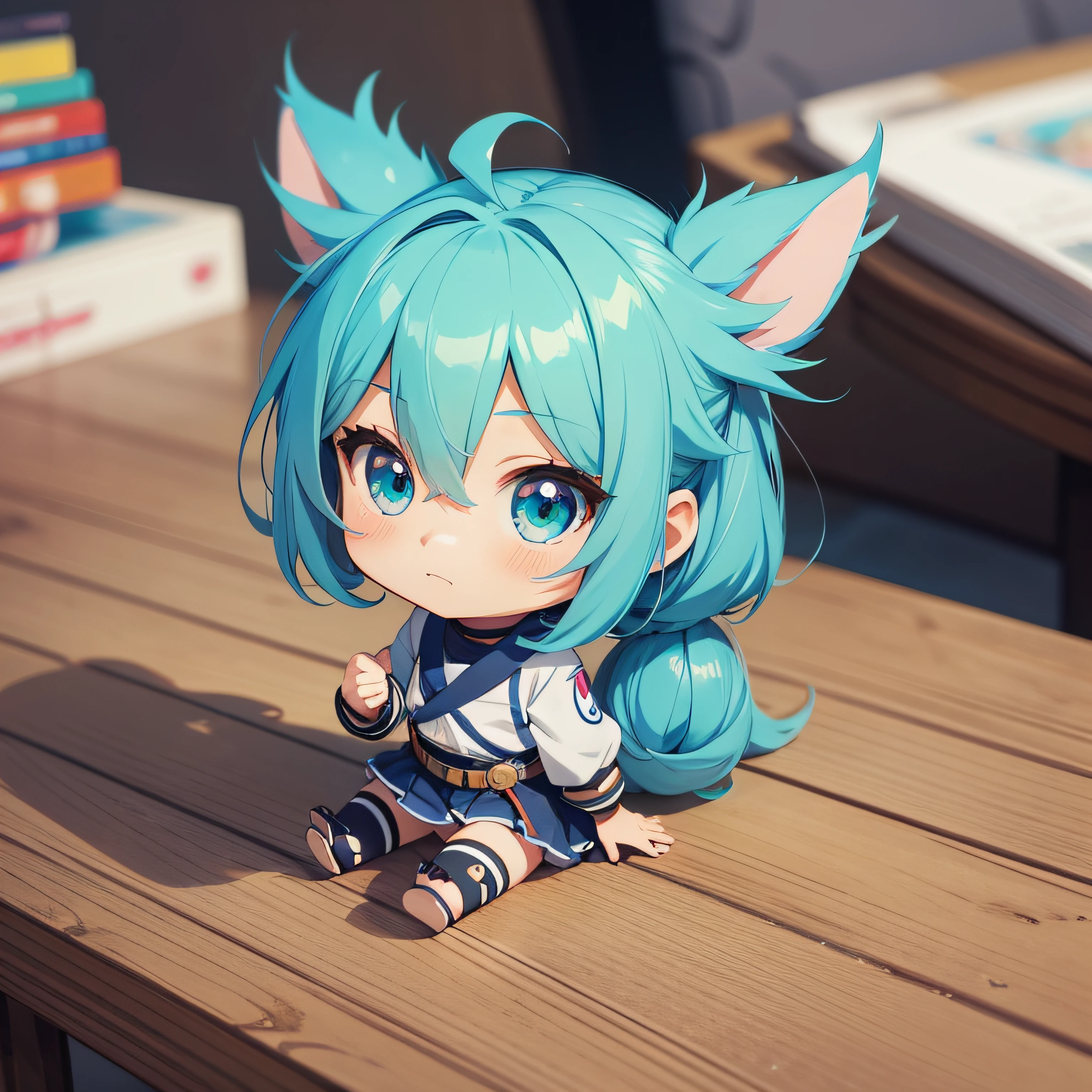 Blue haired anime character, anime moe art style sitting on table, chibi art, anime art style, cute art style, chibi anime girl, anime art style, anime style 4K, anime style portrait, anime style illustration, advanced digital chibi art, marine kitagawa fan art, IG studio anime style, Little curvaceous loli, anime chibi, turquoise hair