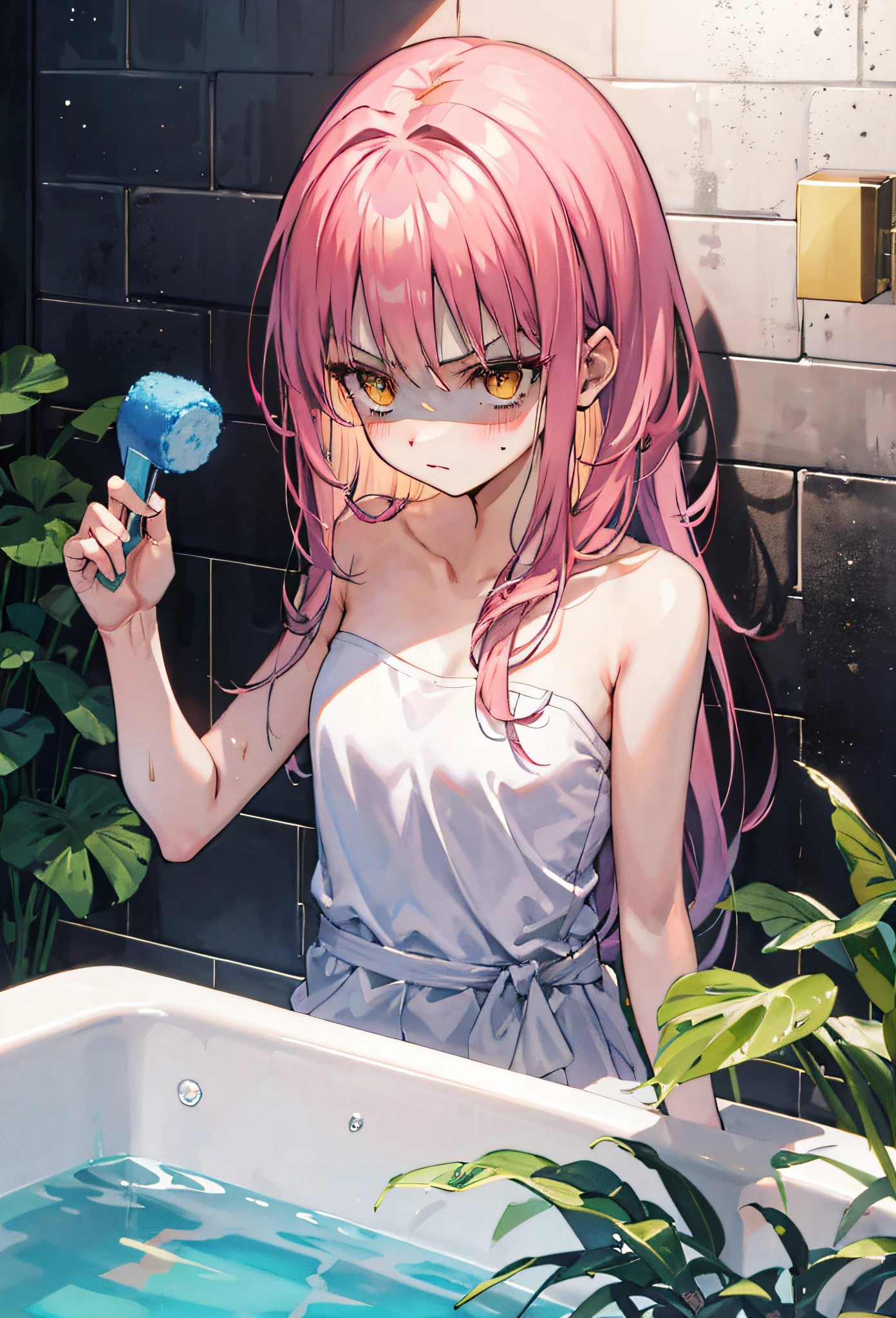 (Masterpiece: 1.2), Best Quality, Masterpiece, High Rise, Original, Extremely Detailed Wallpaper, (Ultra Detailed), (Best Illustration), (Best Shadow), 1 Girl, Upper Body, Long Legs, Looking Front, Denim Videography, Bath Towel Wrapped, Left Hand Held Bath Towel, Right Hand Raised, Angry, Blush, Very Long Hair, Hair Strands, Golden Eyes, Bathroom, Water Drops, Light and Shadow Reflection