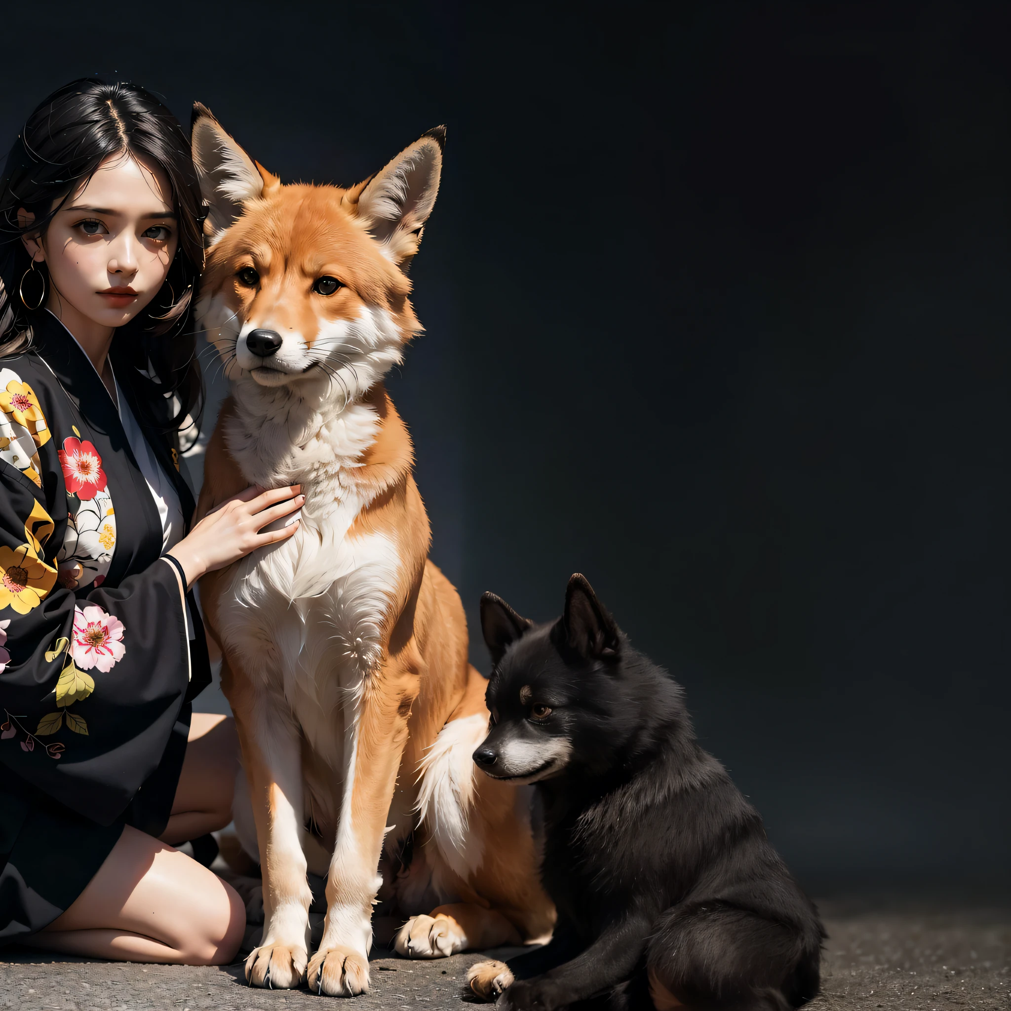 araffe sitting on the ground with a woman next to her dog, japanese dog, a beautiful kitsune woman, kitsune, in kimono, shiba inu portrait, inspired by Shiba Kōkan, fox nobushi, portrait shot, in a kimono, wearing kimono, wearing a kimono, shiba inu, a beautiful fox lady