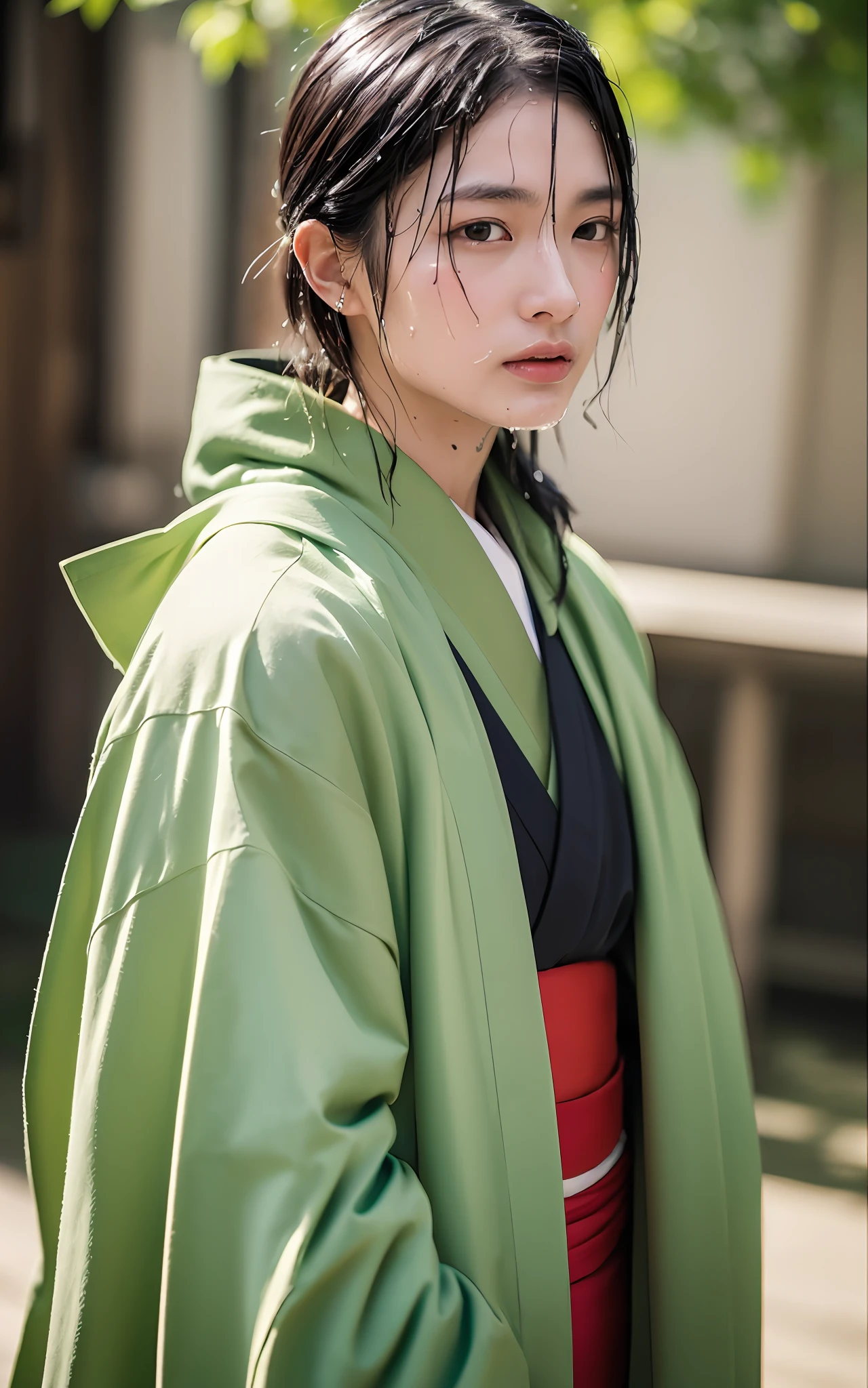 (Photorealistic: 1.2, Best Quality, 8k, Wet: 1.3), (Man, 20 years old, Soji Okita, Kimono, Sweat: 1.2, Wet: 1.2), Fine Skin, (Film Lighting), Tan, Soft Light, Double Eyelids, (Seductive), (Excited))