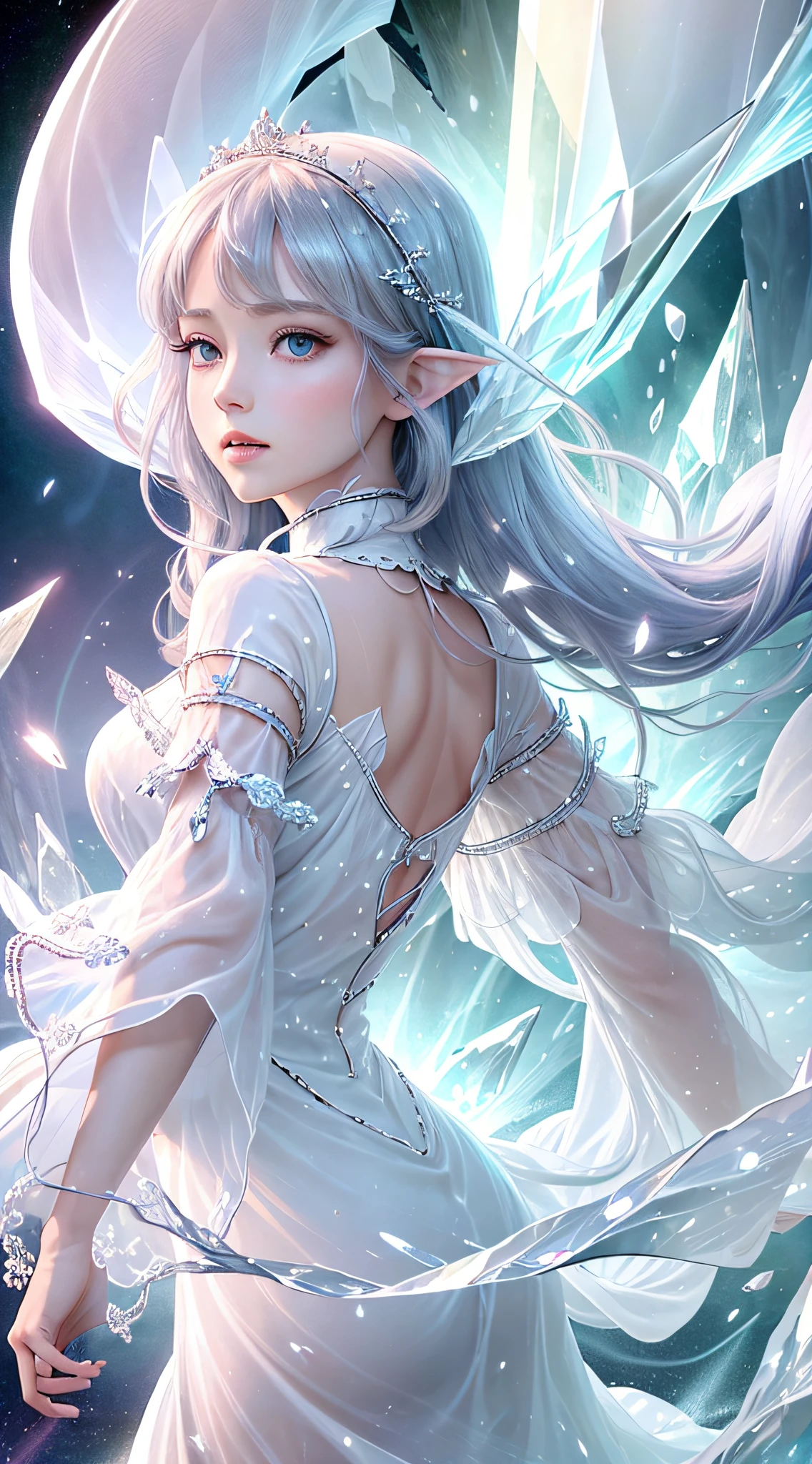 (Masterpiece, Top Quality, Best, Official Art, Beautiful and Aesthetic, Long Exposure: 1.2), Smooth Movement, Charming Patterns, 1 Girl, (Long Dress with Sleeves: 1.3), (((White Clothes) )), upper body close-up, bare shoulders, Chinese girl, blush, black lob hair, portrait, solo, upper body, looking at the observer, detailed background, detailed face, (crystallineAI, crystalline theme:1.1), elemental wind elves, rotation Wind, control the wind, white crystal clothing, dynamic pose, floating particles, ethereal dynamics, whirlwind, vapor, whirlwind in the background, white tone, whirlwind, ethereal atmosphere,