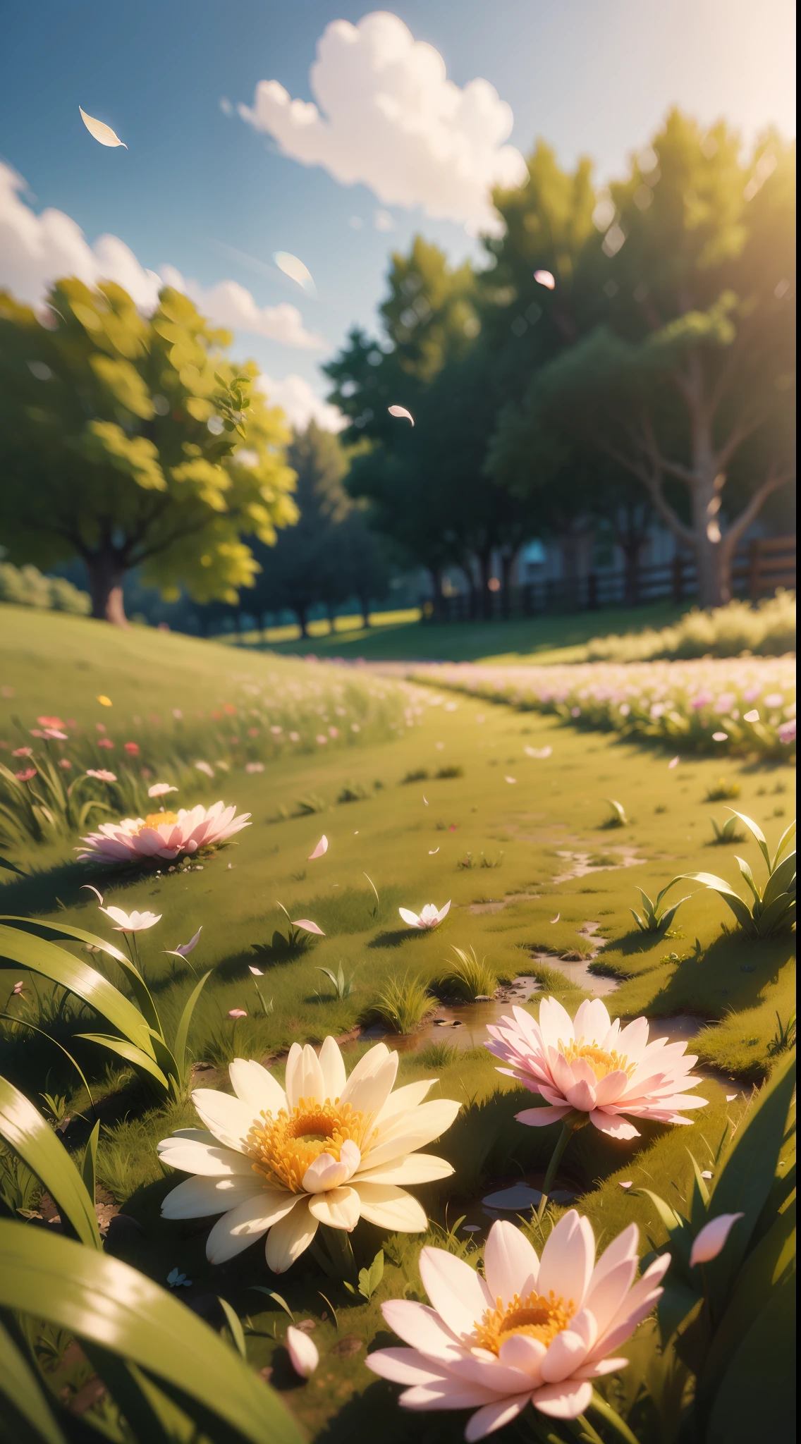 A landscape painting, Petals float in the sky, grass field, flowers, Perfect quality, Clear focus (clutter - home: 0.8), (Masterpiece: 1.2) (Realistic: 1.2) (Bokeh) (Best Quality) (Detailed skin: 1.3) (Intricate Details) (8K) (Detail Eye) (Sharp Focus), (Happy)