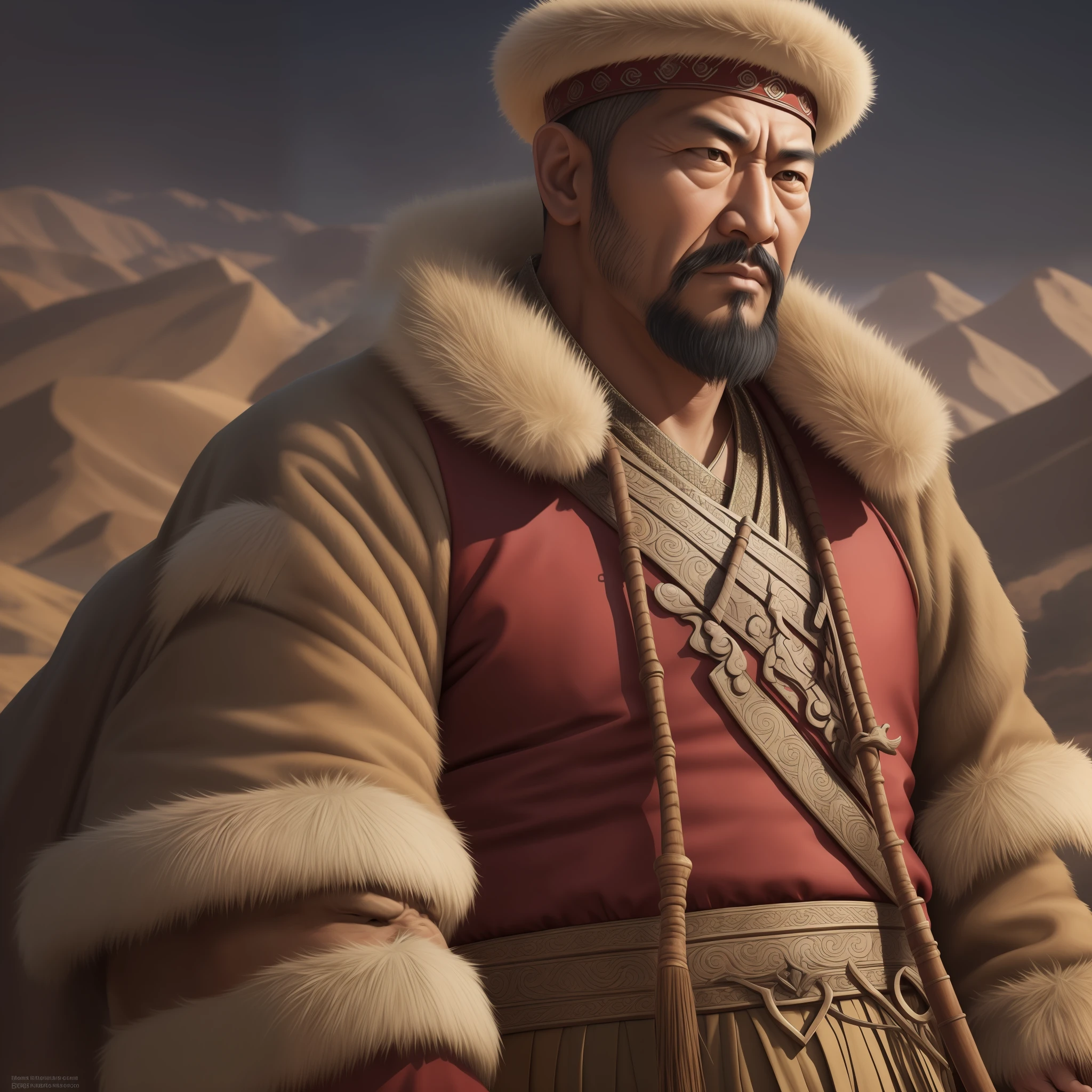 Create a photorealistic portrait of Genghis Khan, the founder and first emperor of the Mongol Empire. The portrait should depict him with a stern, determined expression on his face, highlighting his leadership qualities. He should be shown wearing traditional Mongol attire, including a fur-lined coat and a hat with earflaps, and holding a weapon such as a sword or bow. The background should be a barren Mongolian landscape, emphasizing his nomadic lifestyle. The image should be in high resolution 4K, with 45 megapixels and a realistic art style.