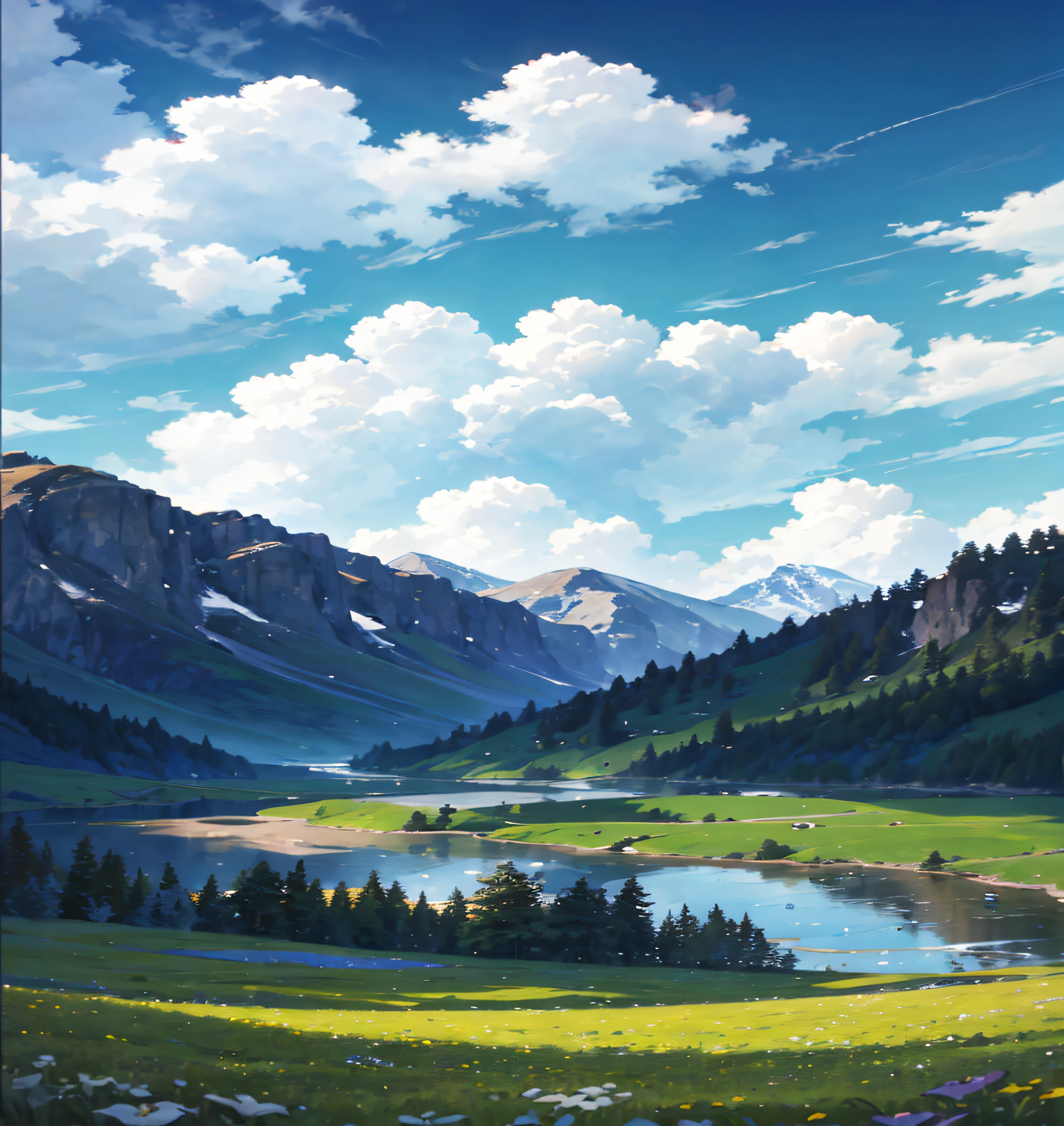 Summer, meadows, a few small flowers, clear lakes, sheep, heaven, large clouds, blue sky, hot weather, HD detail, hyper-detail, cinematic, surrealism, soft light, deep field focus bokeh, distant vistas are snowy mountains, ray tracing, and surrealism. --v6