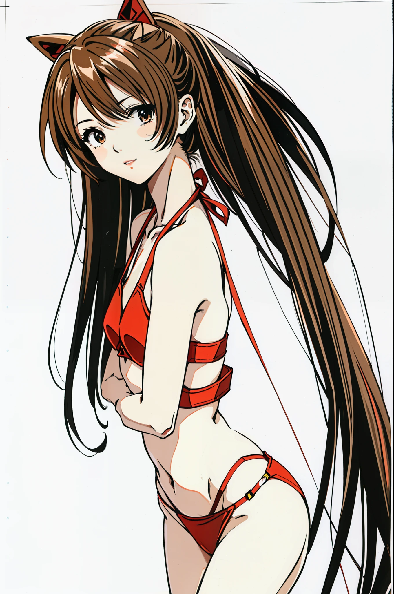 full length portrait photo, beautiful anorexic Asuka Langley, very skinny in bikini, bones and ribs visible, small flat breasts, very small waist, slender legs, beautiful face, hands on the.head, front view of Asuka Langley very skinny, white background.