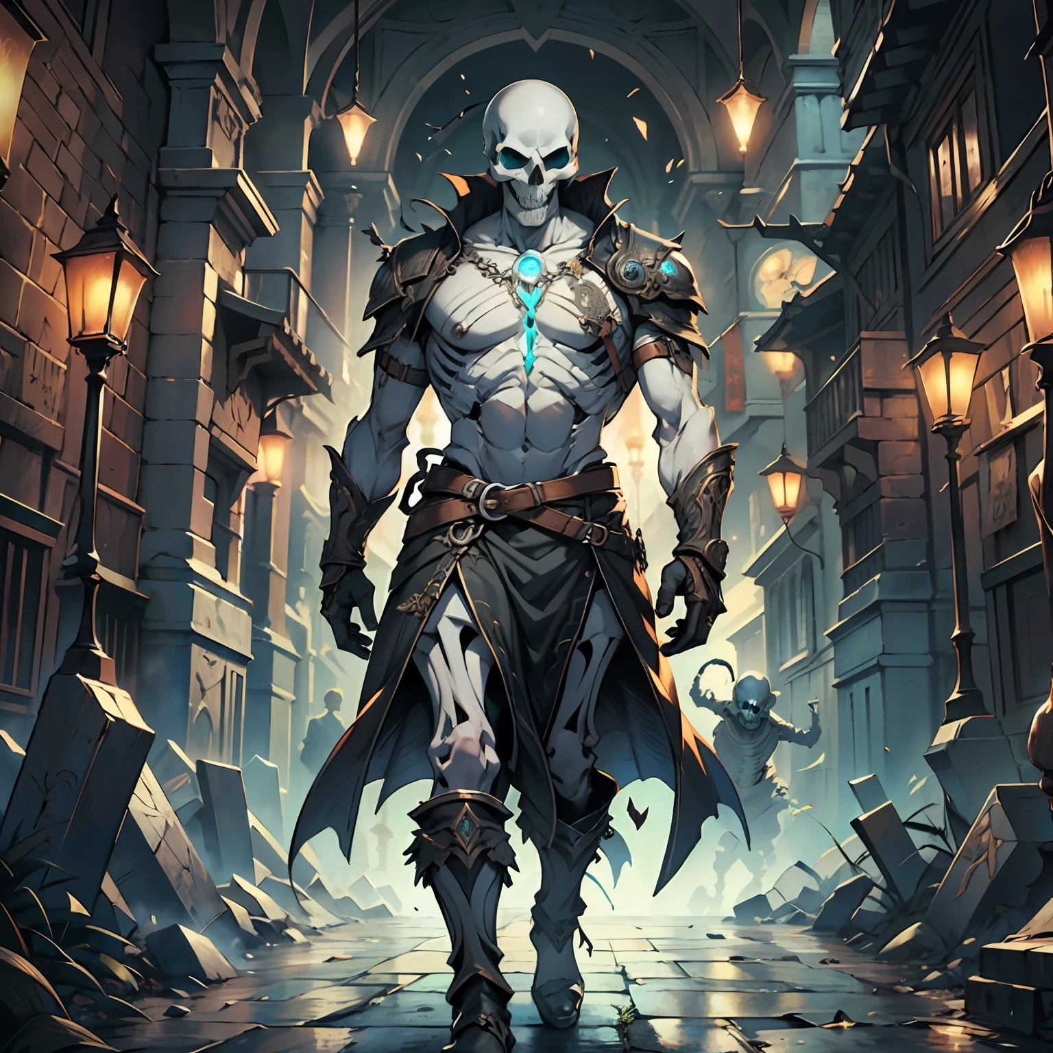 Skeleton Man, Intricate Carving, Glowing Eye Sockets, Walking, Skull Pile (detailed background: 1.3), Panorama, Serious Eye, Masterpiece Portrait, Masterpiece, Best Quality, Intricate Detail, Absurd,