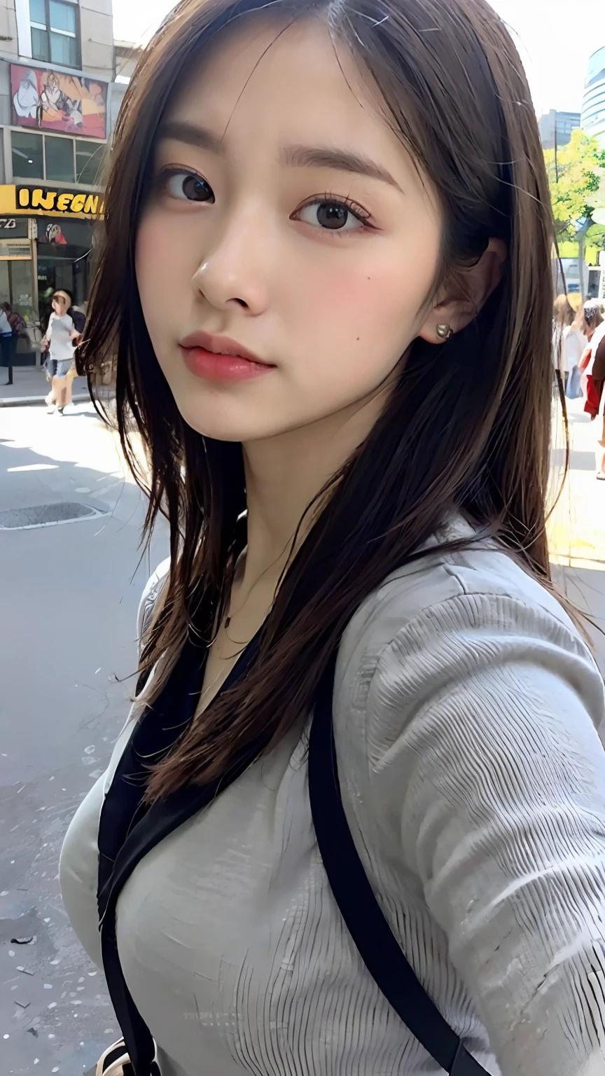 (8k, RAW photos, top quality, masterpiece: 1.2), ultra detailed, super resolution, (real, real photos: 1.37), portraits, high definition RAW color photos, professional photos, very detailed and beautiful, highly detailed, 8k wallpapers, amazing details, huge file size, official art, highly detailed CG Unity 8k wallpapers, highly detailed beautiful girls, highly detailed faces, Very detailed eyes, very detailed skin, very detailed fingers, very detailed nose, very detailed detailed mouth, very beautiful face and eyes, tall beautiful beautiful woman walking around the city in uniform, huge breasts, (: 1.23), JK uniform, seifuk, cute core, high school girl, korean girl, city, morning