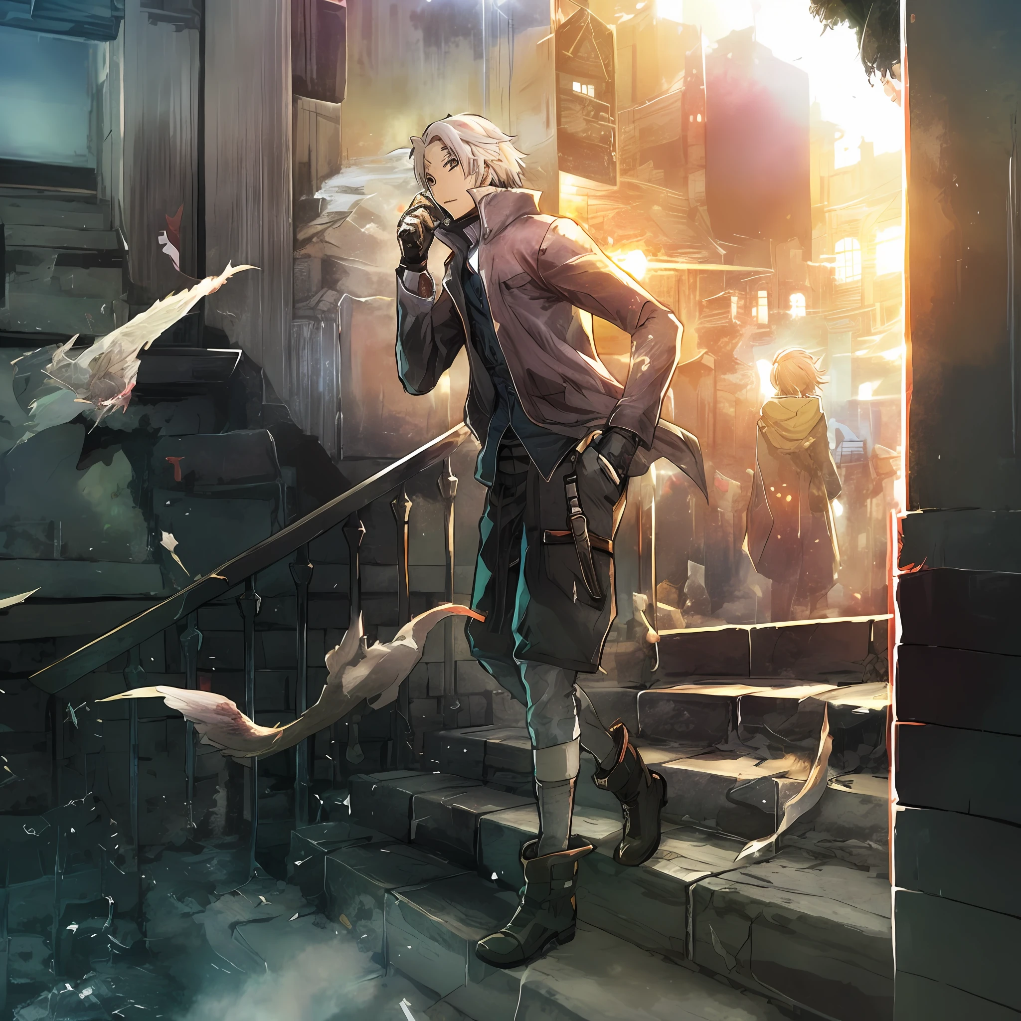 anime scene of a man walking down a set of stairs, by Yuumei, resonance of fate tower art, anime concept hdr anime macmanus, stylized urban fantasy artwork, a beautiful artwork illustration, 2. 5 d cgi anime fantasy artwork, stunning digital illustration, by Ni Yuanlu, final fantasy fan art, shigenori soejima illustration