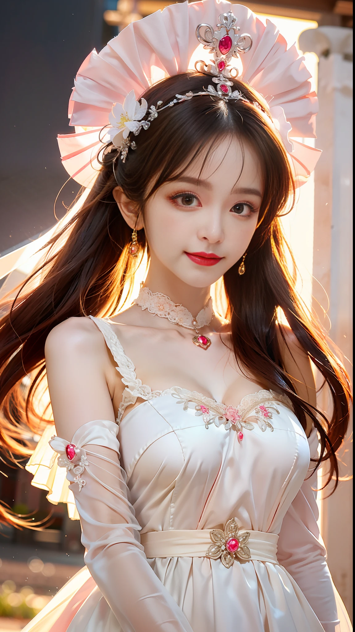 A woman with long hair, a garland on her head, and a pink Luo skirt stood under the flower wall and looked directly at the camera, sexy red lips and charming eyes