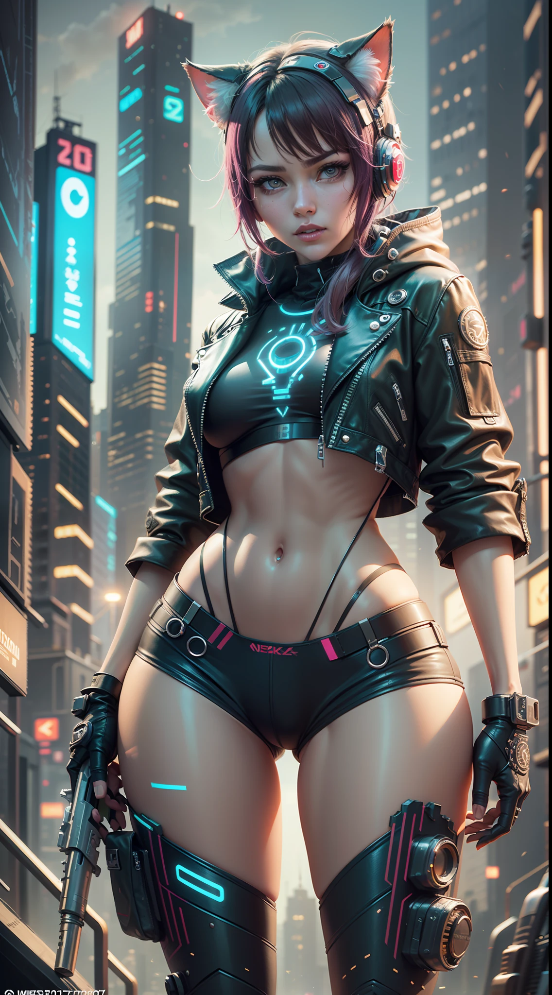 Beautiful full body shot of Reika Shimohira as a Nekomata catgirl, slender body, slender hips, big breasts, wearing full ((heavy cyberpunk armor)) with neon trim, ((leather tech jacket)), cat ears, cat tail, science fiction, cyberpunk city in the background, Gantz, In the Style of Cyberpunk 2077, Ultra realistic photo, masterpiece, best quality, CG, wallpaper, HDR, high quality, high-definition, extremely detailed, {beautiful detailed face}, {beautiful detailed eyes}, (detailed light){{intricate detail}}, {highres}, ((detailed face)), neon light, chiaroscuro, key visual, intricate detail, highly detailed, breathtaking, vibrant, cinematic