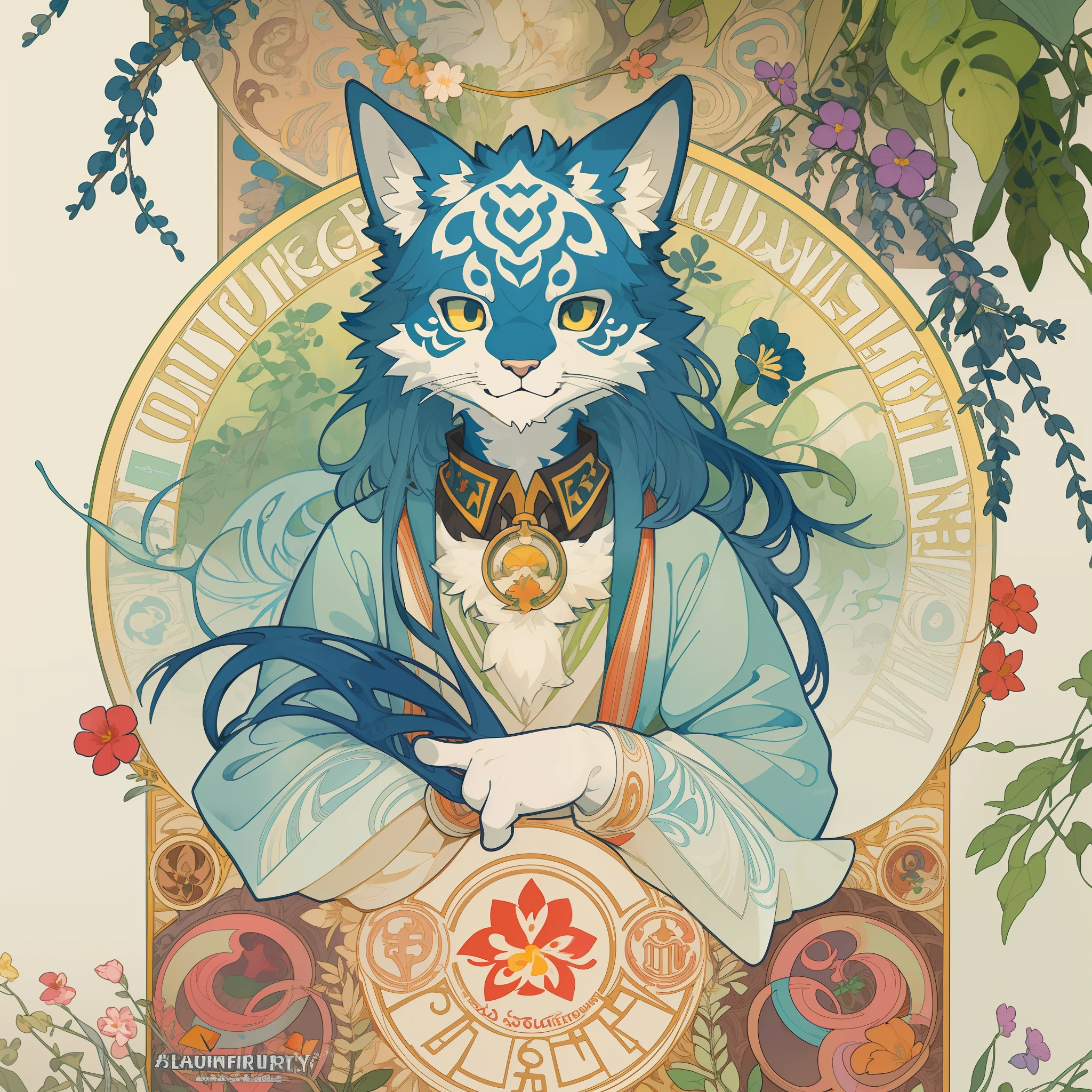 top quality, best quality, poster, rzminjourney, vector-art, High-quality illustrations by Alfons Mucha, masterpiece(kemono, furry anthro)logo mark, round, colorful ink splash flower,