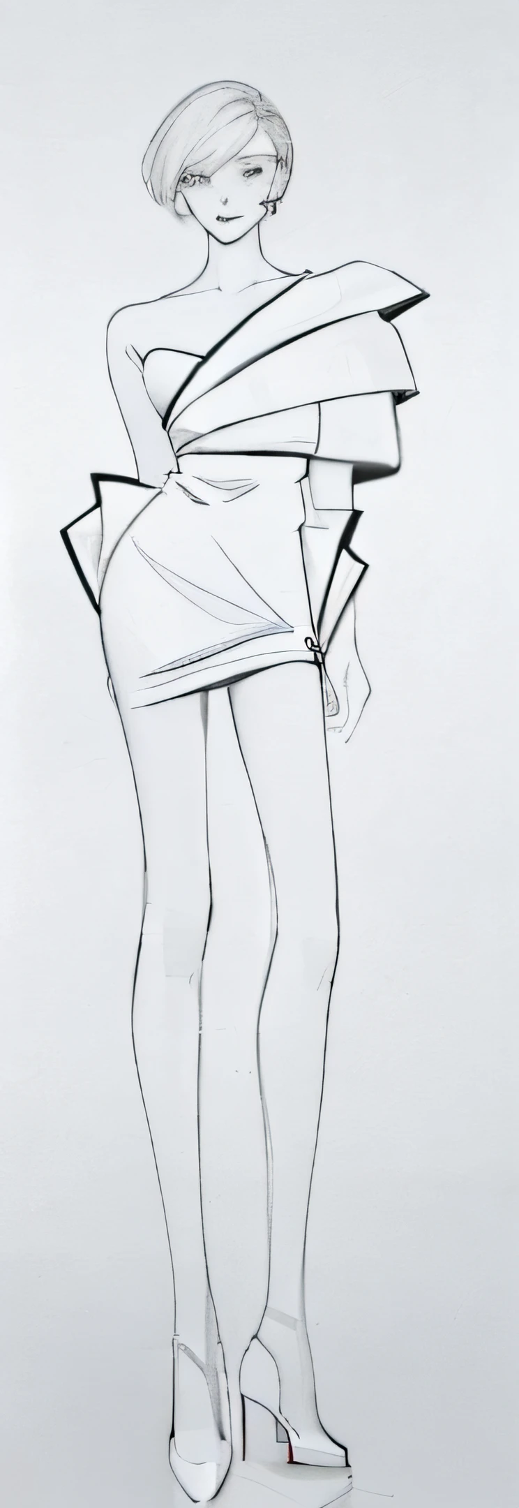 black lines, monochrome, white background, (simple background:1.2), a drawing of a woman in a dress with short hair, high heels, by Tsubasa Nakai, detailed fashion illustration, by Olivia Peguero, by Sergio Burzi, inspired by Chantal Joffe, fashion study, elegant drawing, fashion illustration, by Miroslava Sviridova, by Silvia Dimitrova, by Silvia Pelissero, issey miyake