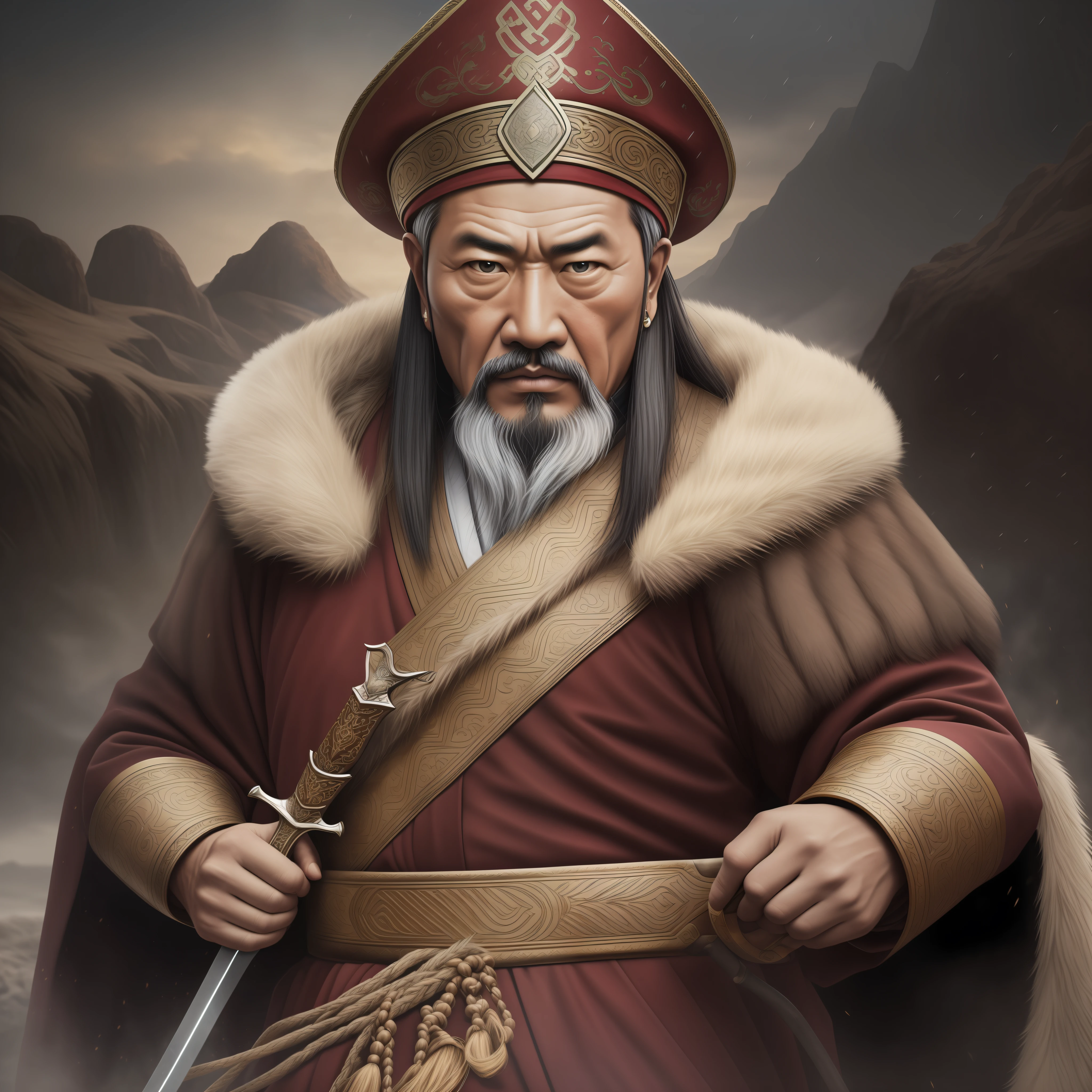 Create a photorealistic portrait of Genghis Khan, the founder and first emperor of the Mongol Empire. The portrait should depict him with a stern, determined expression on his face, highlighting his leadership qualities. He should be shown wearing traditional Mongol attire, including a fur-lined coat and a hat with earflaps, and holding a weapon such as a sword or bow. The background should be a barren Mongolian landscape, emphasizing his nomadic lifestyle. The image should be in high resolution 4K, with 45 megapixels and a realistic art style.