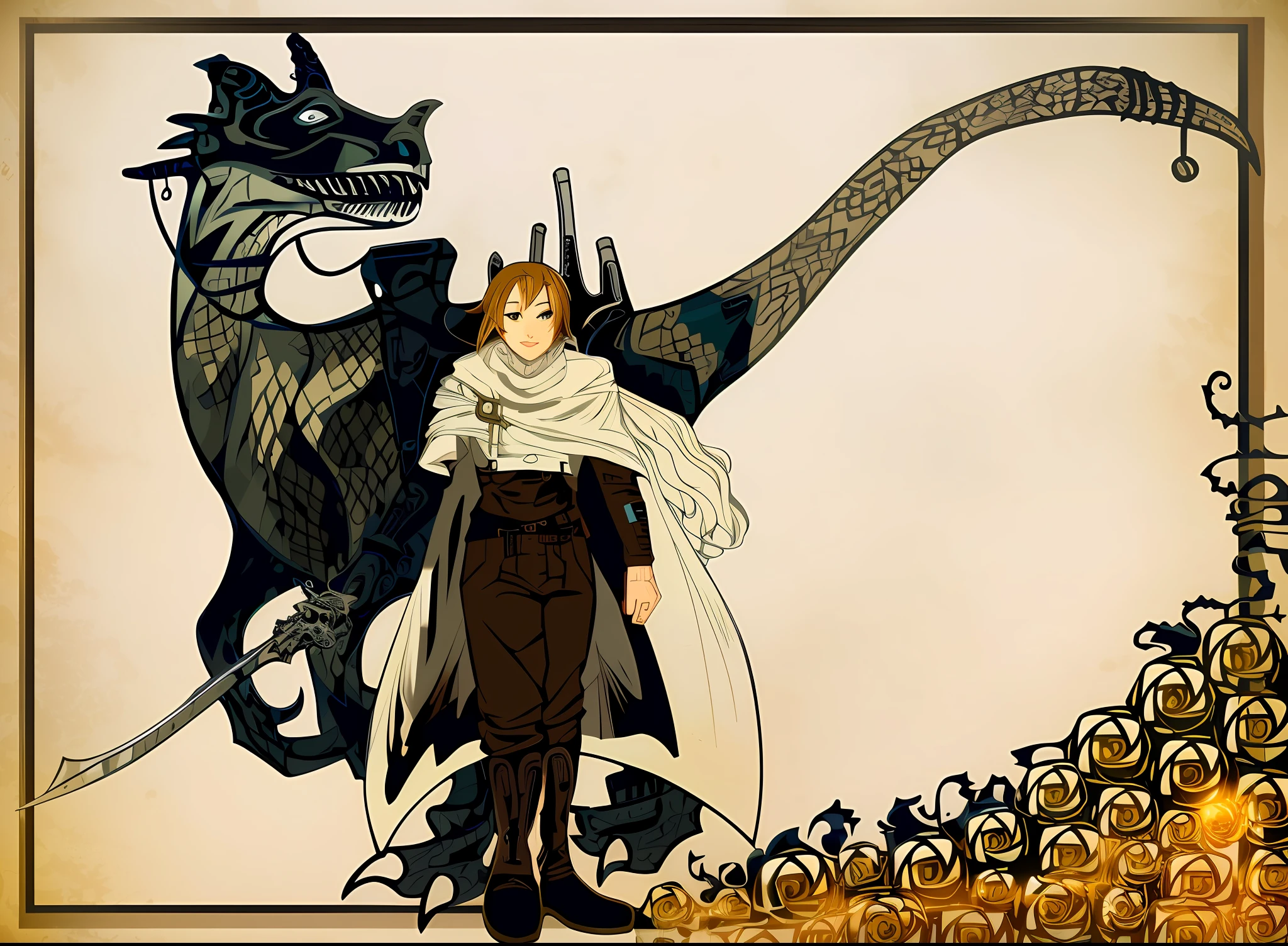 (masterpiece), (high quality 8k) There is a woman with a sword and a Velociraptor on a forest background, like a badass monster hunter, Image of Valkaria T20, inspired by Eris Grayrat (Mushuko Tensei), DND Fantsay Art, Coriolios RPG art style,