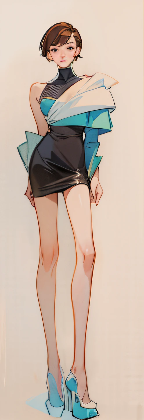 white background, gongbihua, a drawing of a woman in a dress with short hair, black dress, brown hair, black high heels, by Tsubasa Nakai, detailed fashion illustration, by Olivia Peguero, by Sergio Burzi, inspired by Chantal Joffe, fashion study, elegant drawing, fashion illustration, by Miroslava Sviridova, by Silvia Dimitrova, by Silvia Pelissero, issey miyake