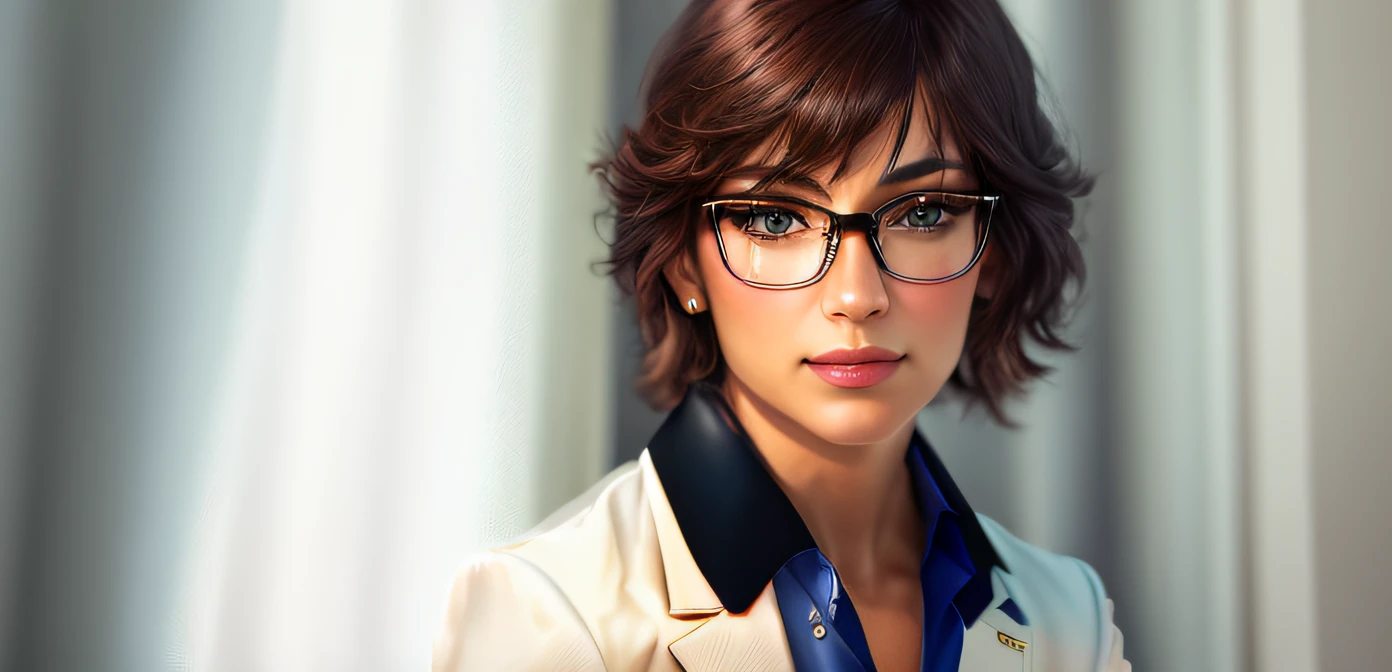 A closeup of a woman wearing glasses and a suit,